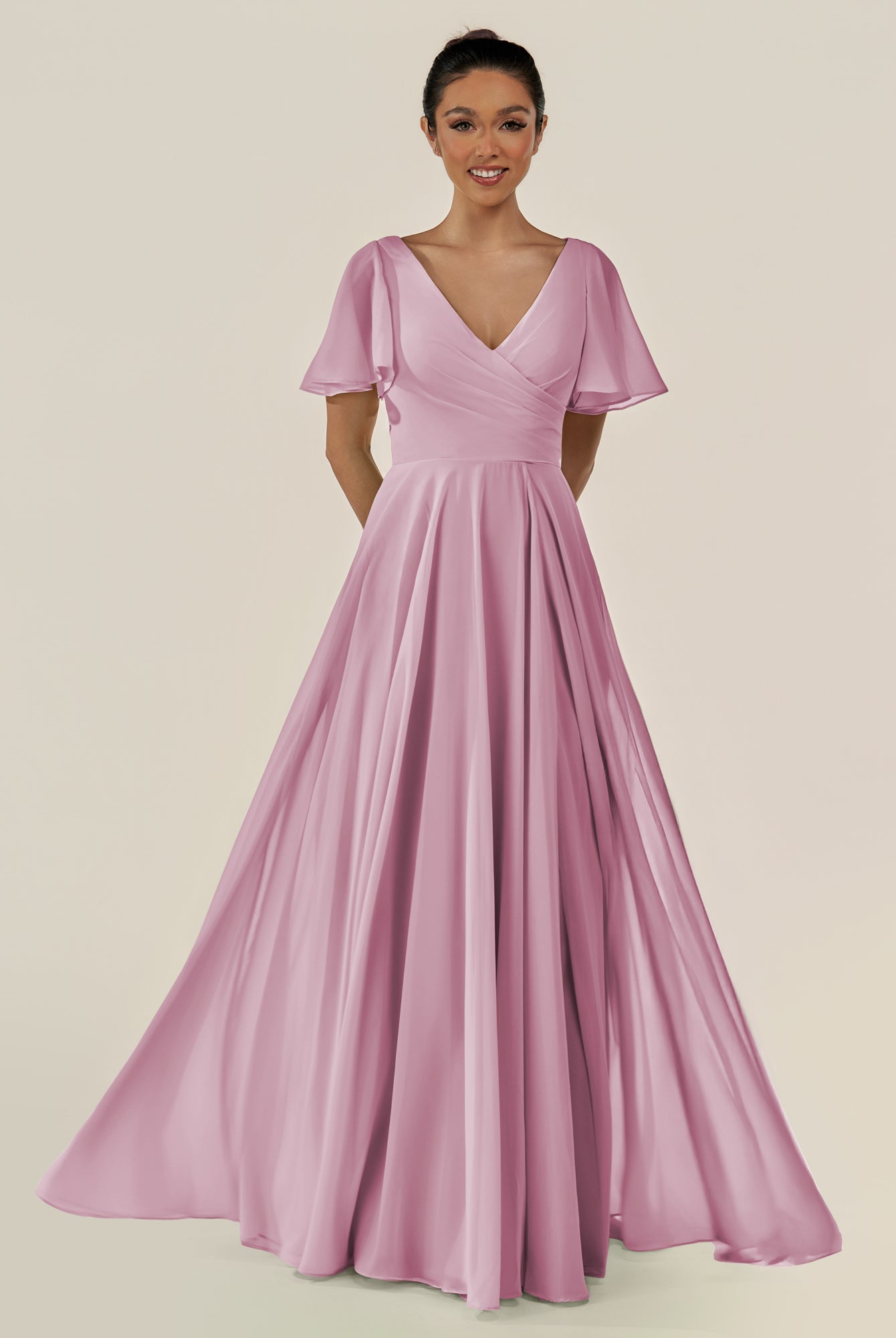 KissDress-Jania Vintage Mauve A Line Chiffon V Neck Long Bridesmaid Dress with Flutter Sleeves