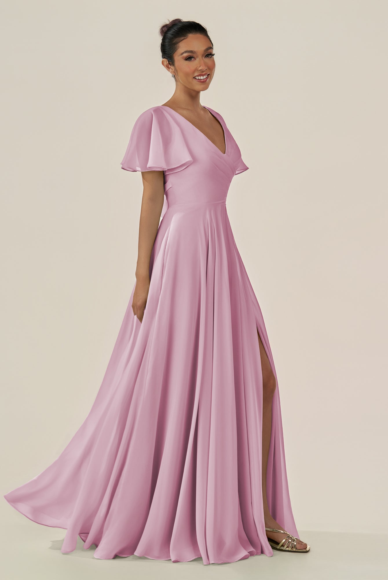 KissDress-Jania Vintage Mauve A Line Chiffon V Neck Long Bridesmaid Dress with Flutter Sleeves