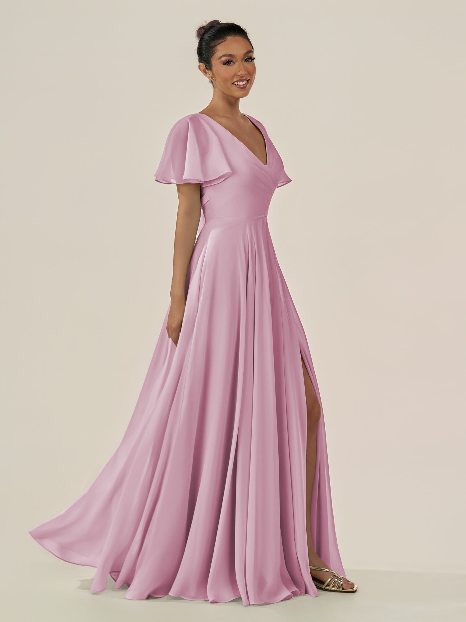KissDress-Jania Vintage Mauve A Line Chiffon V Neck Long Bridesmaid Dress with Flutter Sleeves