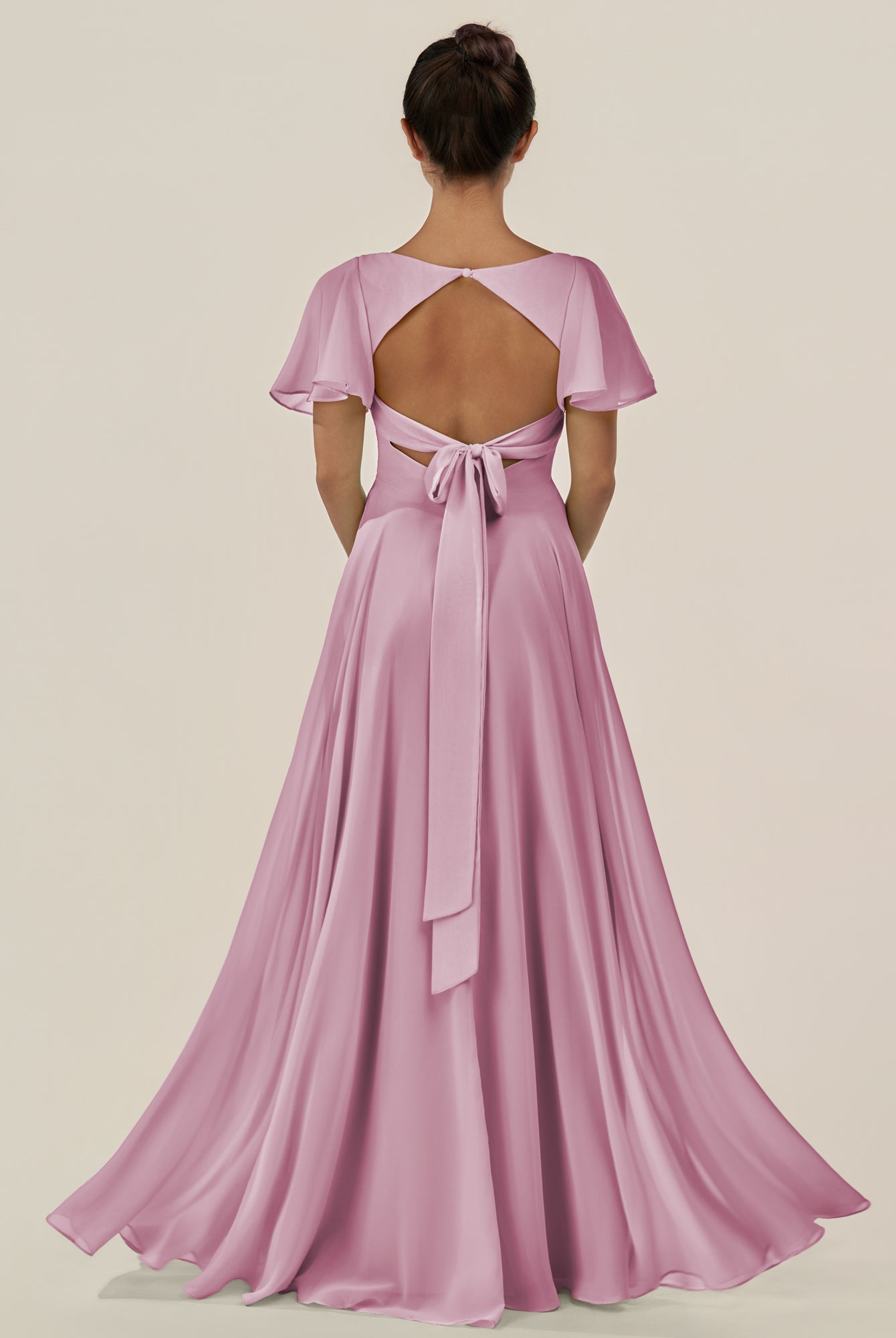 KissDress-Jania Vintage Mauve A Line Chiffon V Neck Long Bridesmaid Dress with Flutter Sleeves