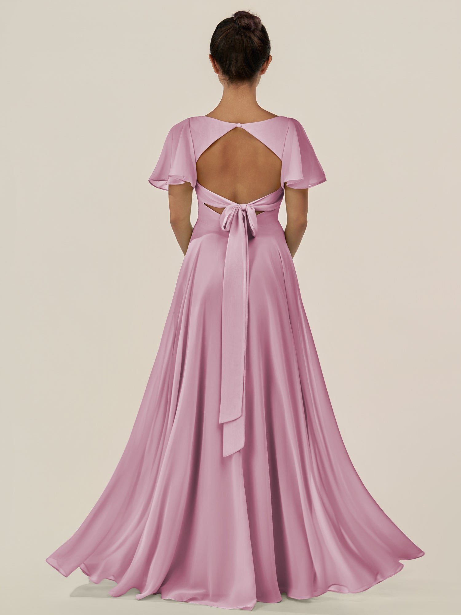 KissDress-Jania Vintage Mauve A Line Chiffon V Neck Long Bridesmaid Dress with Flutter Sleeves