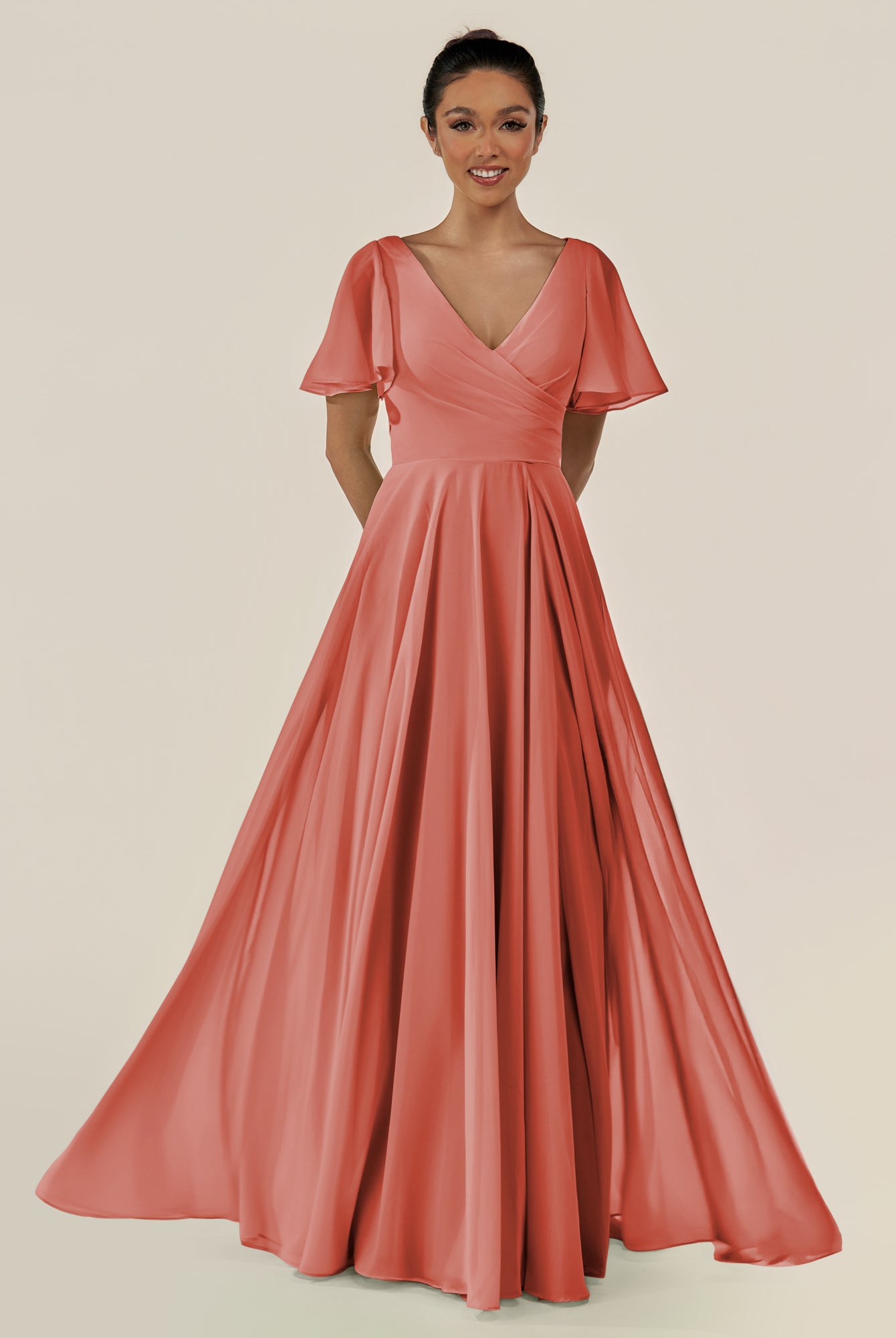 KissDress-Jania Wild Rose A Line Chiffon V Neck Long Bridesmaid Dress with Flutter Sleeves
