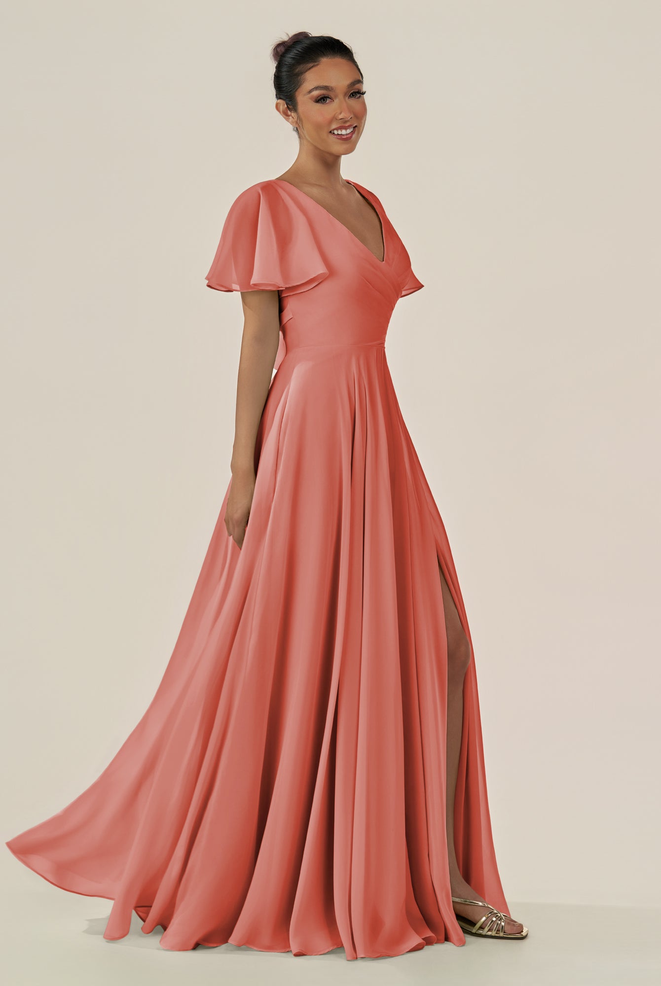 KissDress-Jania Wild Rose A Line Chiffon V Neck Long Bridesmaid Dress with Flutter Sleeves