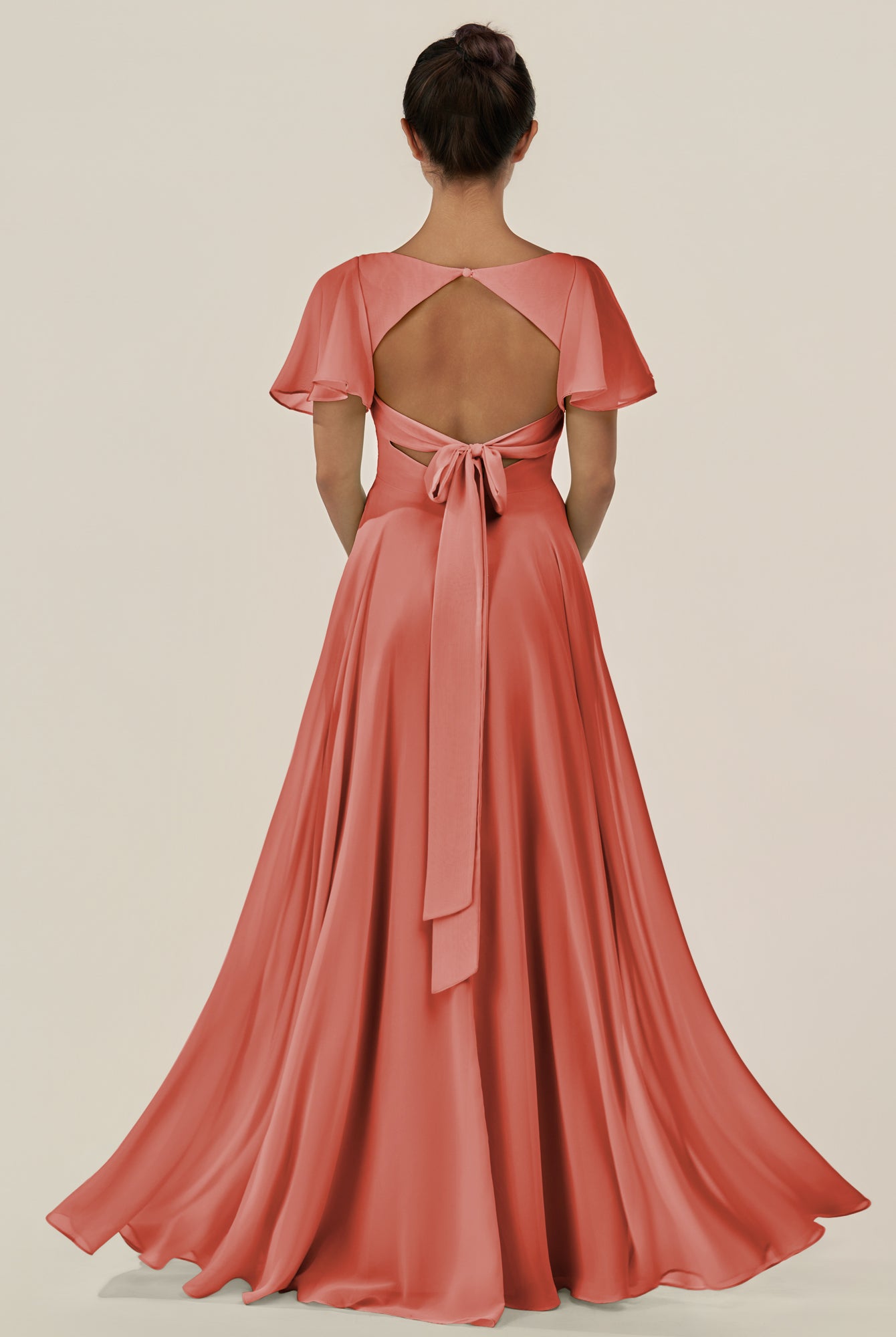 KissDress-Jania Wild Rose A Line Chiffon V Neck Long Bridesmaid Dress with Flutter Sleeves