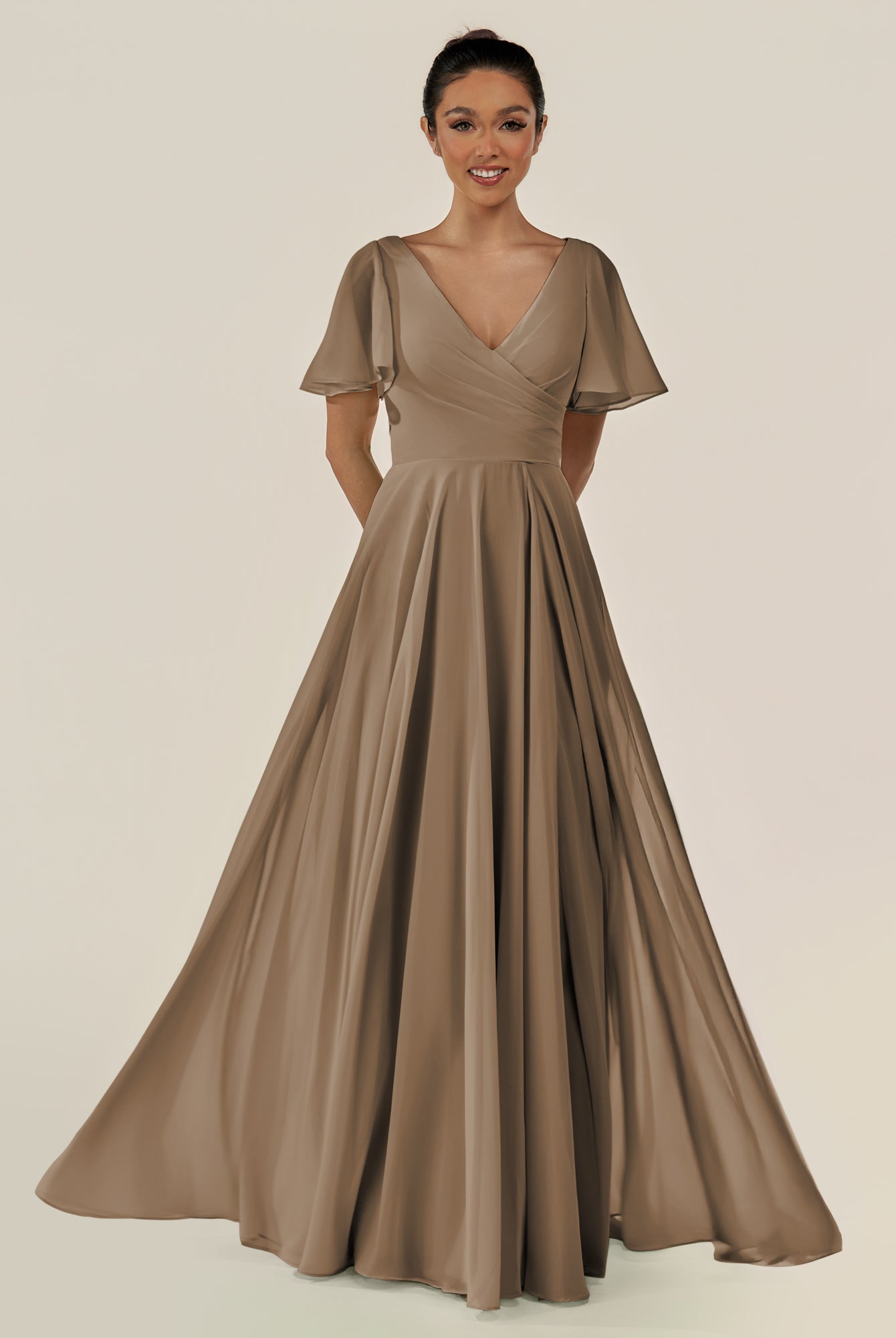KissDress-Jania Willow Green A Line Chiffon V Neck Long Bridesmaid Dress with Flutter Sleeves