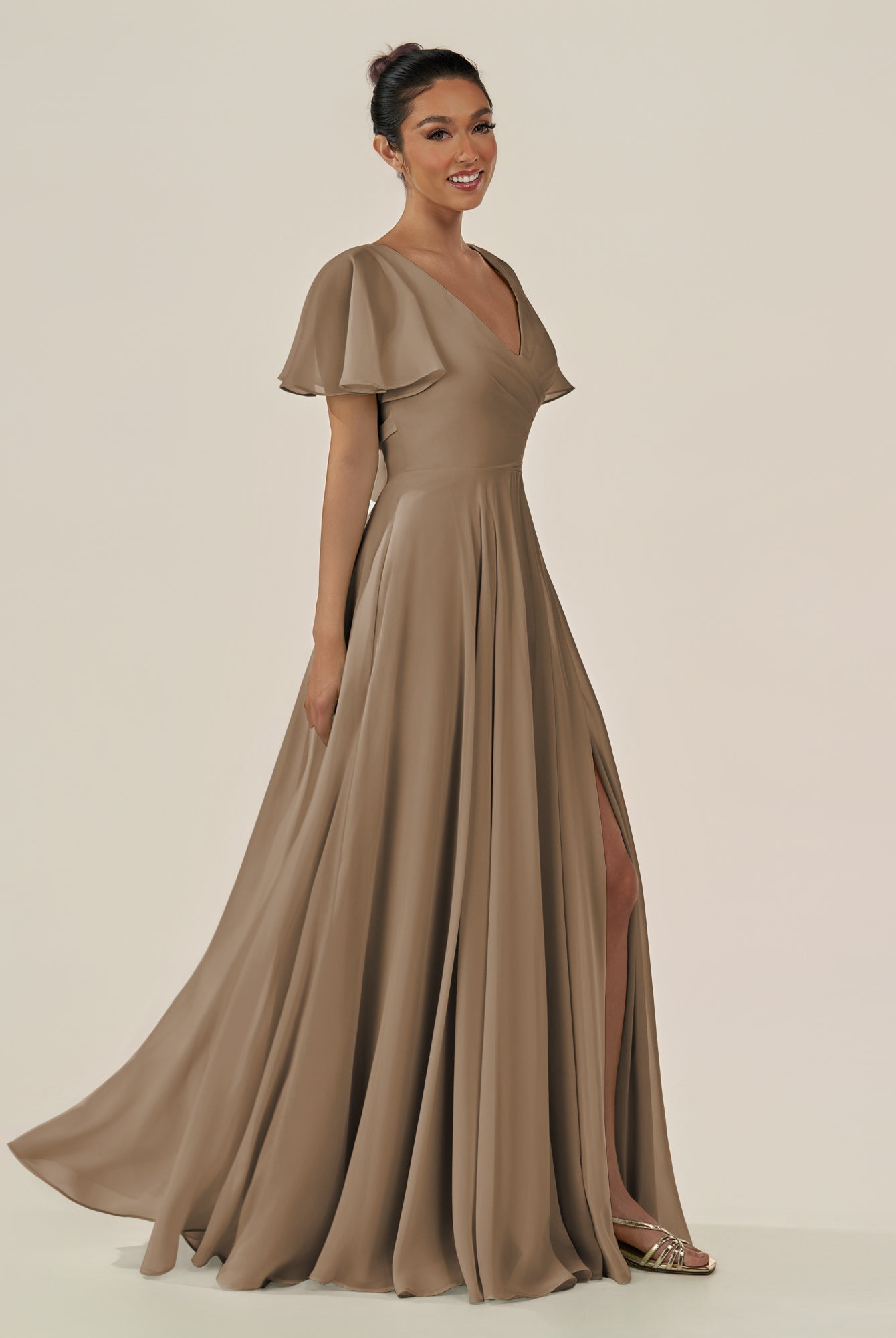 KissDress-Jania Willow Green A Line Chiffon V Neck Long Bridesmaid Dress with Flutter Sleeves