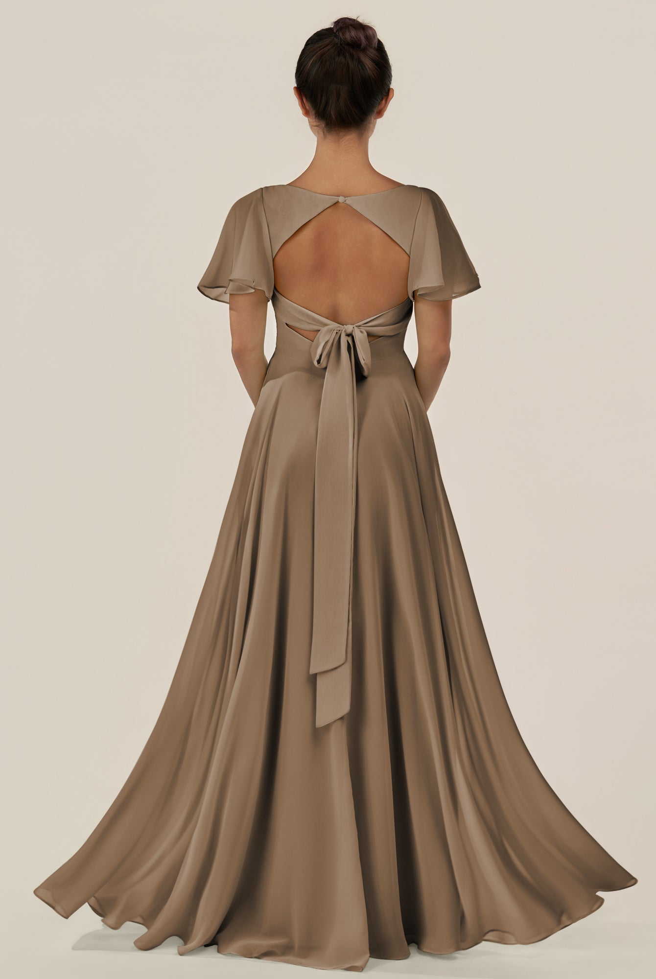 KissDress-Jania Willow Green A Line Chiffon V Neck Long Bridesmaid Dress with Flutter Sleeves