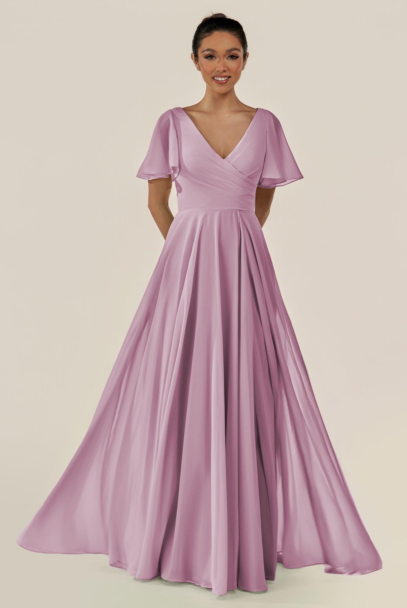 KissDress-Jania Wisteria A Line Chiffon V Neck Long Bridesmaid Dress with Flutter Sleeves