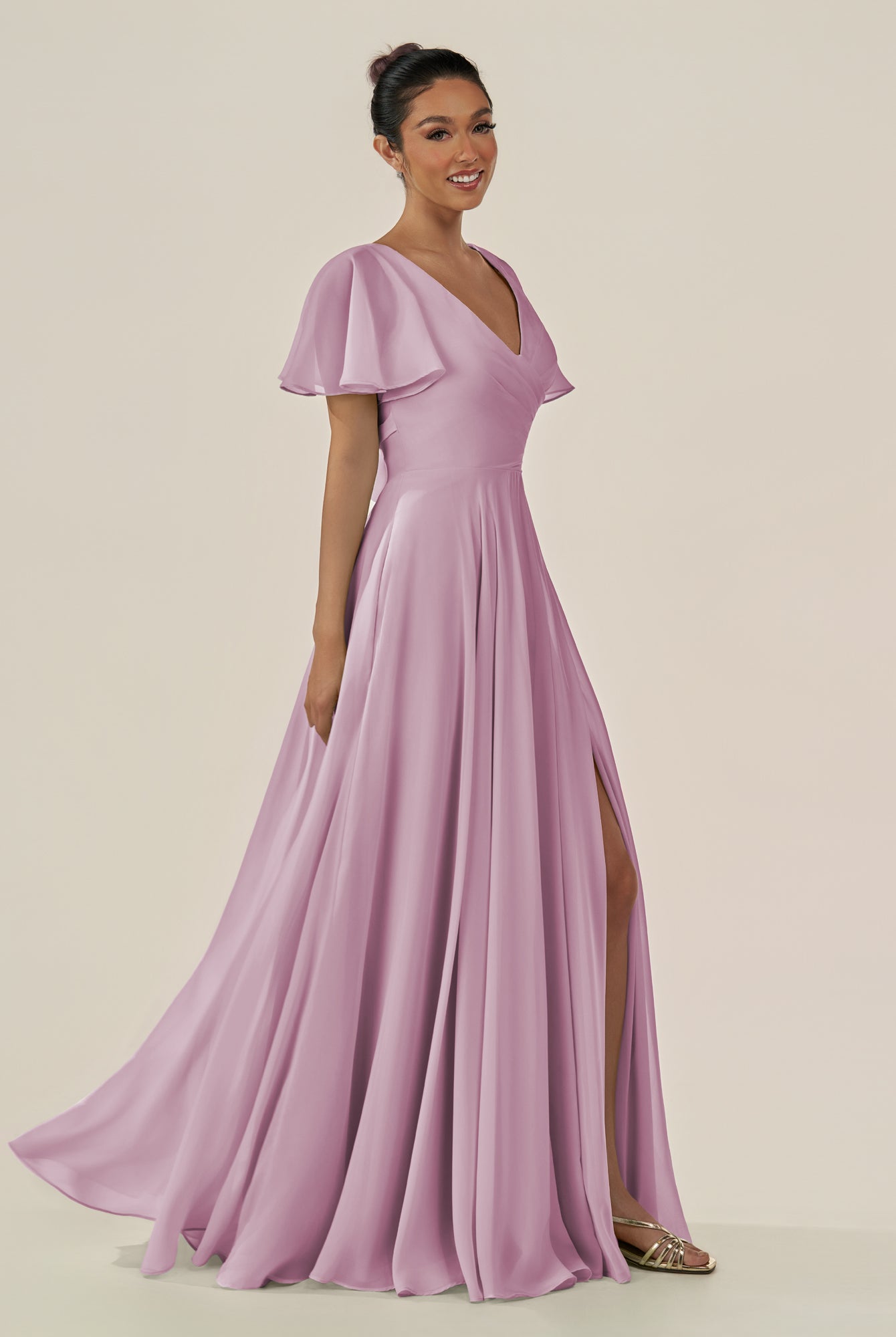 KissDress-Jania Wisteria A Line Chiffon V Neck Long Bridesmaid Dress with Flutter Sleeves
