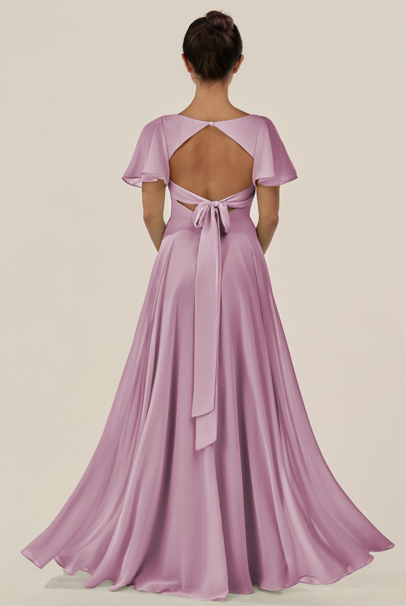KissDress-Jania Wisteria A Line Chiffon V Neck Long Bridesmaid Dress with Flutter Sleeves