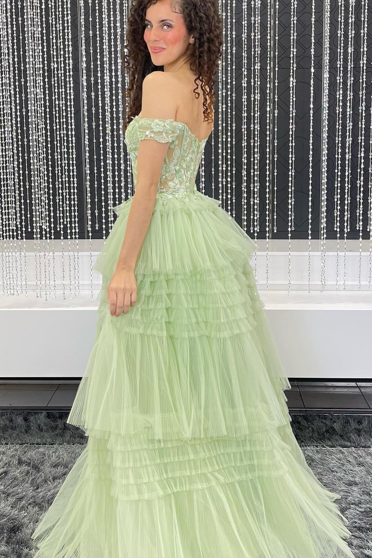 Light Blue Off the Shoulder Tulle Prom Dress With Appliques