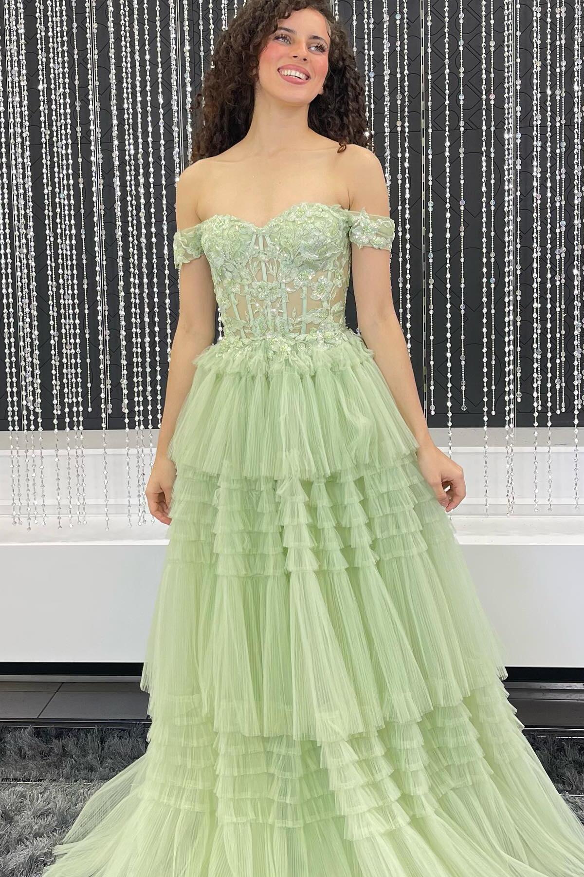 Light Blue Off the Shoulder Tulle Prom Dress With Appliques