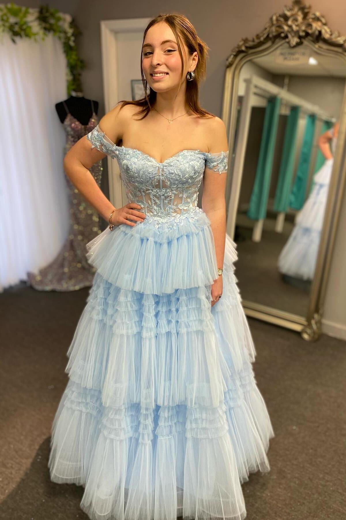 Light Blue Off the Shoulder Tulle Prom Dress With Appliques