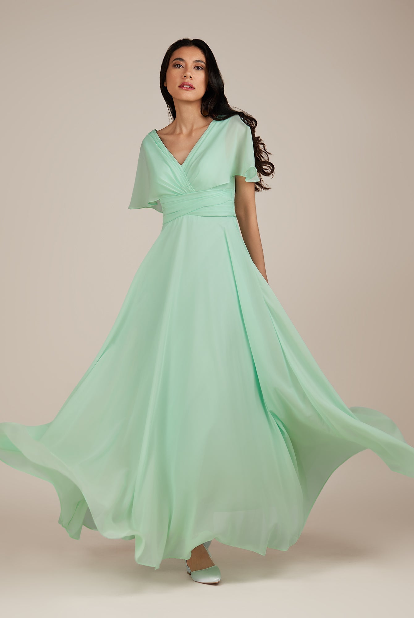 KissDress-Jasper Pale Pistachio A Line Chiffon Cap Sleeves V Neck Long Bridesmaid Dress with Pleats