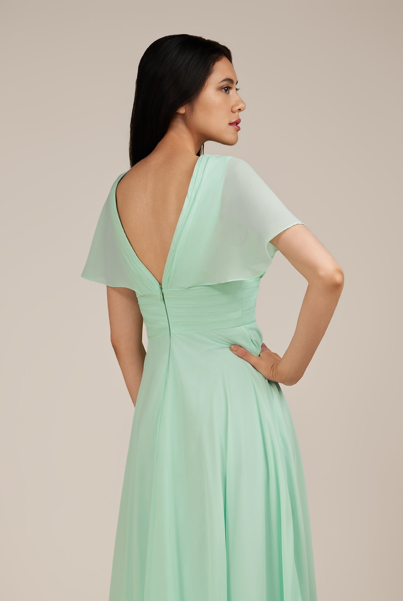 KissDress-Jasper Pale Pistachio A Line Chiffon Cap Sleeves V Neck Long Bridesmaid Dress with Pleats