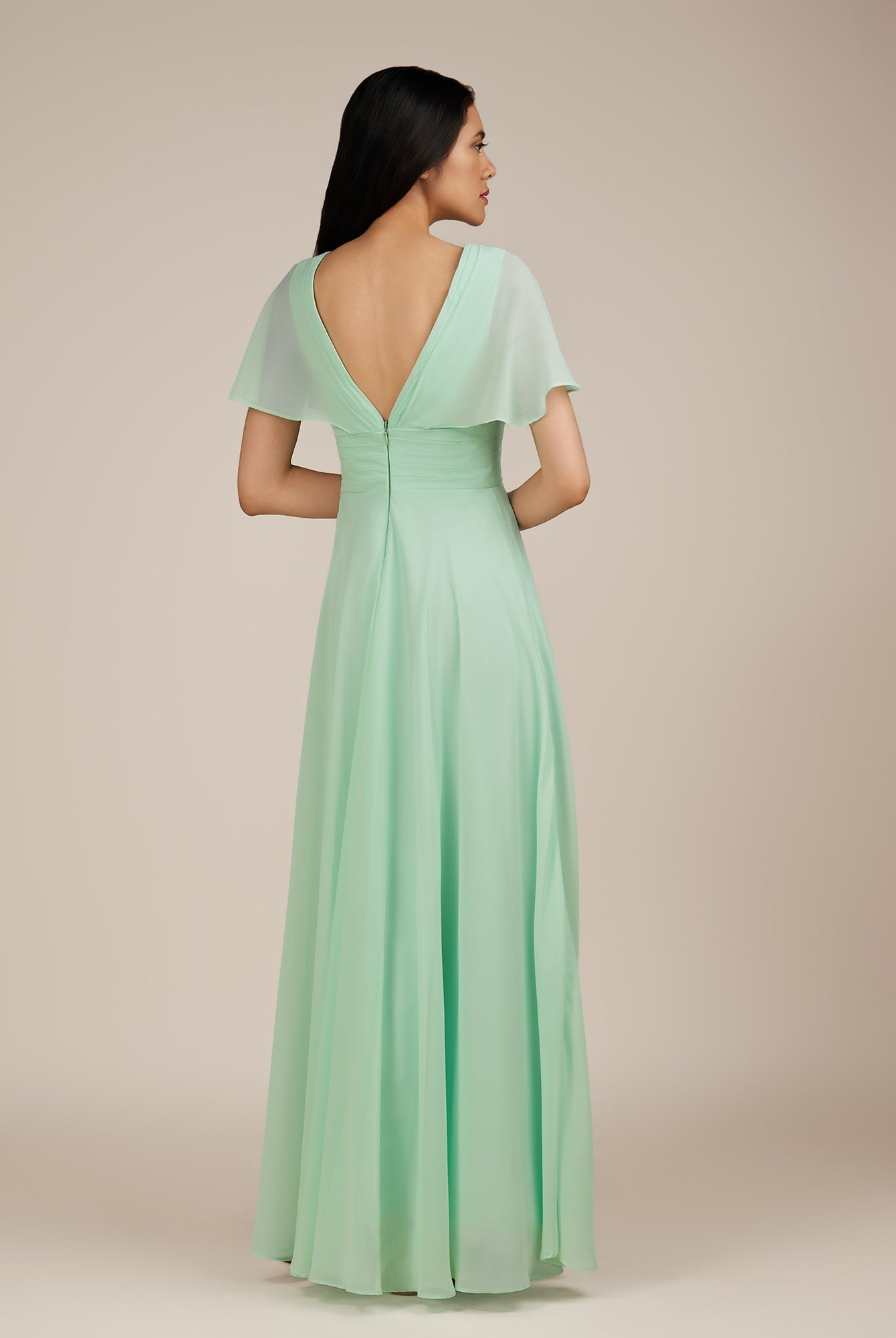 KissDress-Jasper Pale Pistachio A Line Chiffon Cap Sleeves V Neck Long Bridesmaid Dress with Pleats