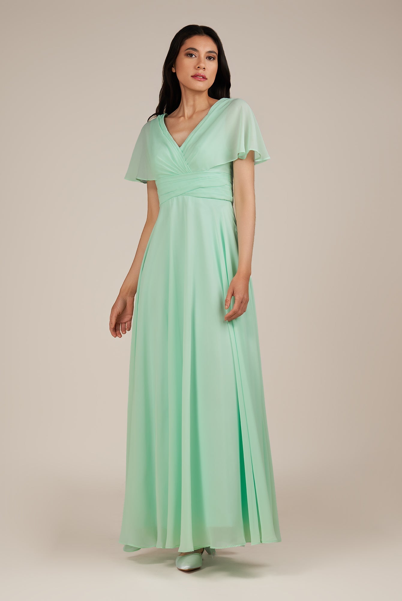 KissDress-Jasper Pale Pistachio A Line Chiffon Cap Sleeves V Neck Long Bridesmaid Dress with Pleats