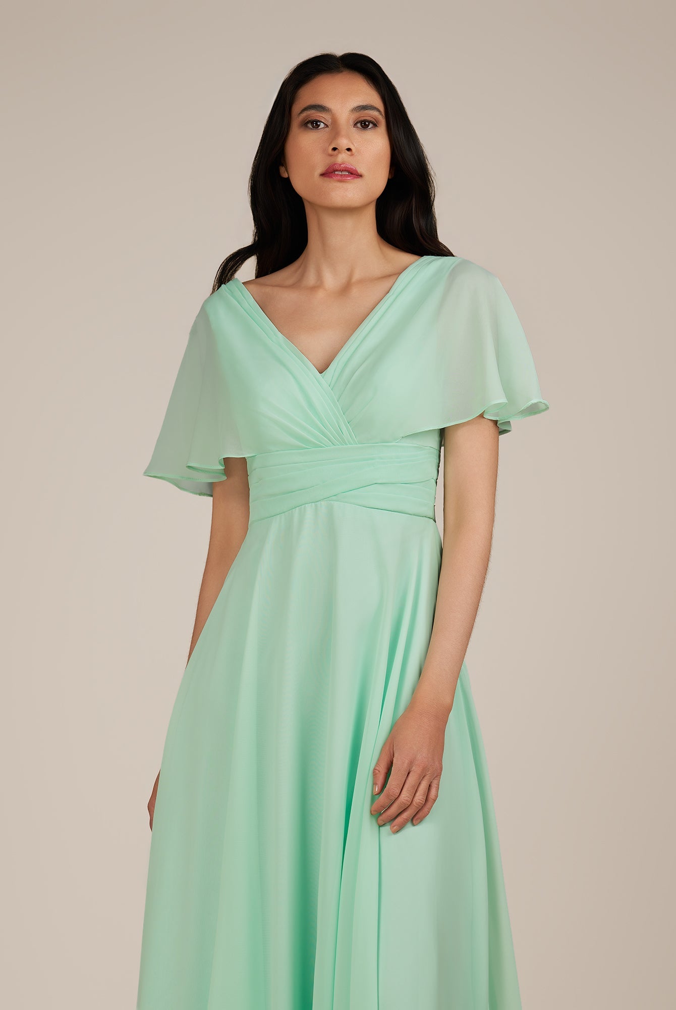 KissDress-Jasper Pale Pistachio A Line Chiffon Cap Sleeves V Neck Long Bridesmaid Dress with Pleats