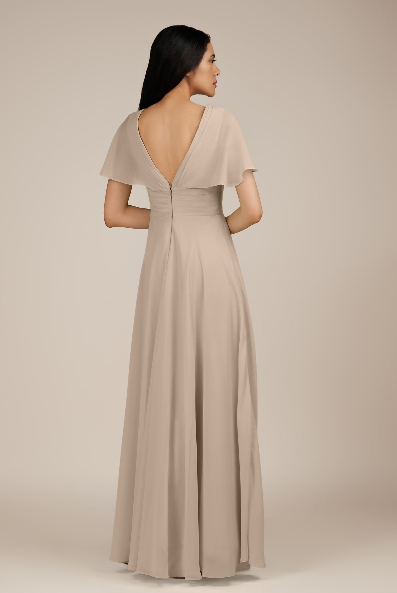 KissDress-Jasper Almond A Line Chiffon Cap Sleeves V Neck Long Bridesmaid Dress with Pleats