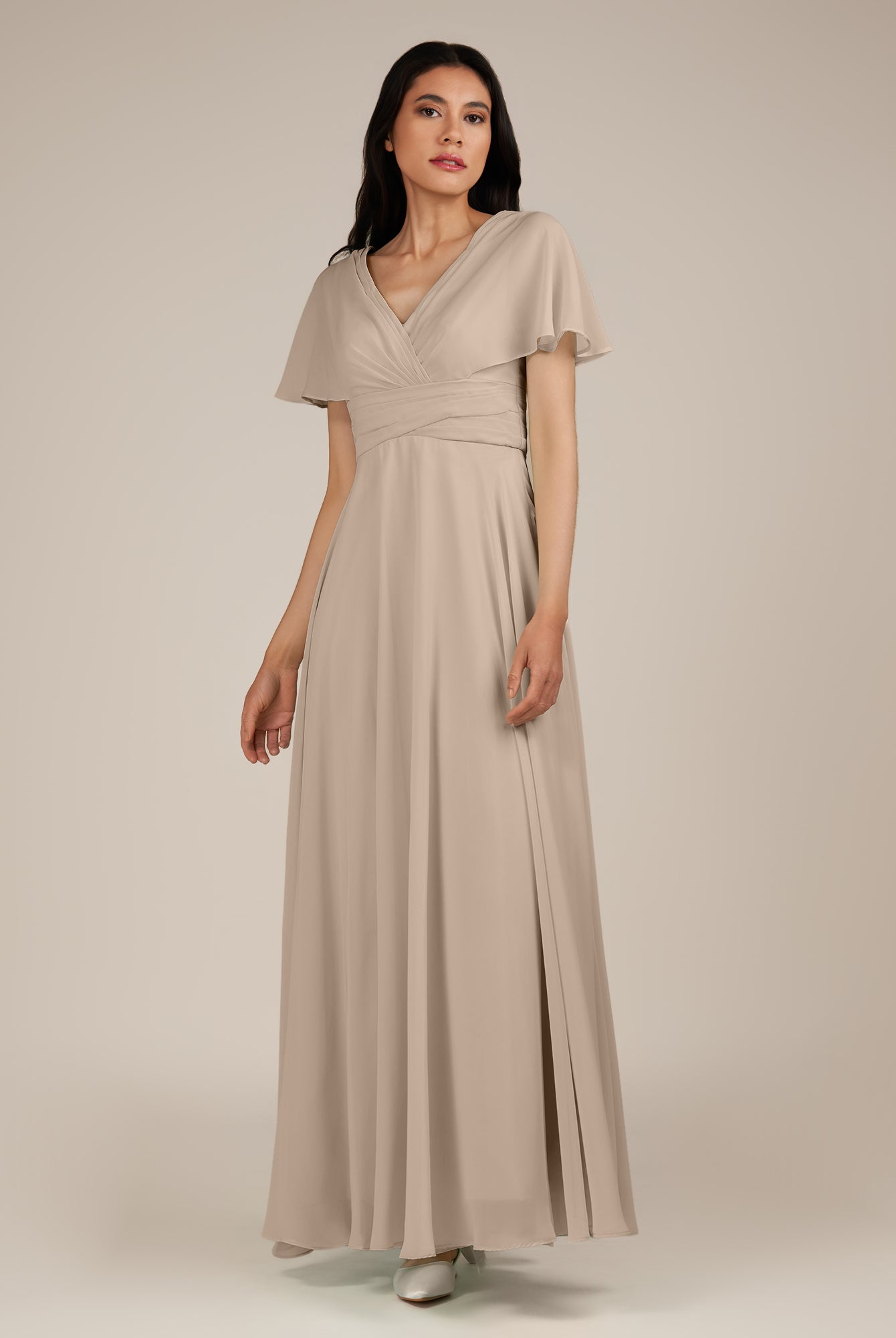 KissDress-Jasper Almond A Line Chiffon Cap Sleeves V Neck Long Bridesmaid Dress with Pleats