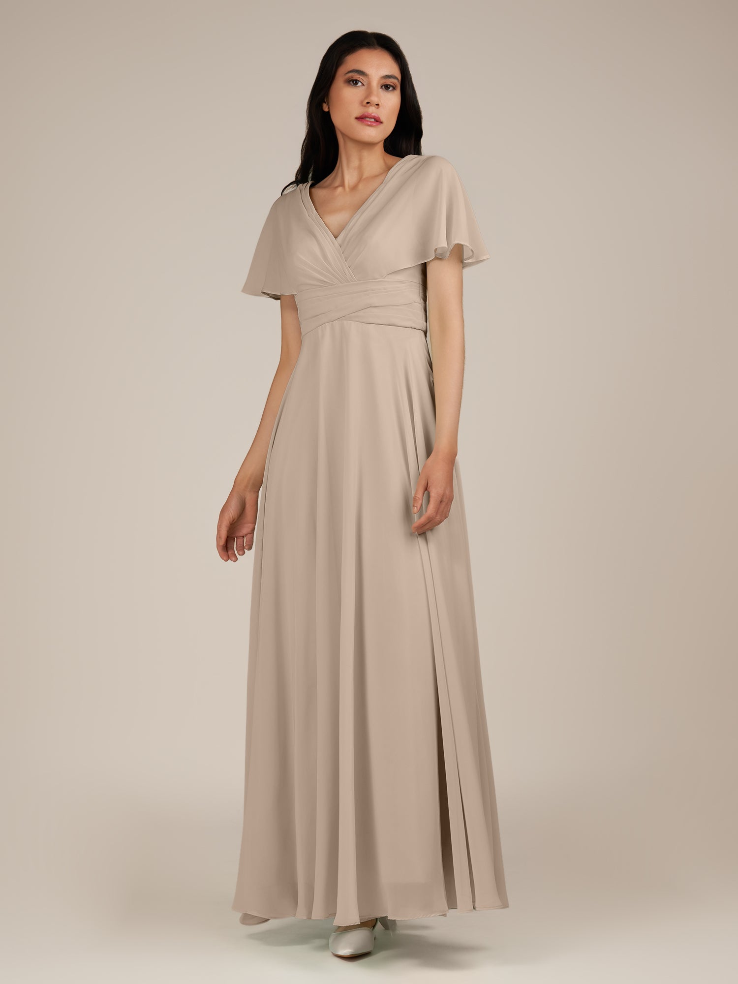 KissDress-Jasper Almond A Line Chiffon Cap Sleeves V Neck Long Bridesmaid Dress with Pleats