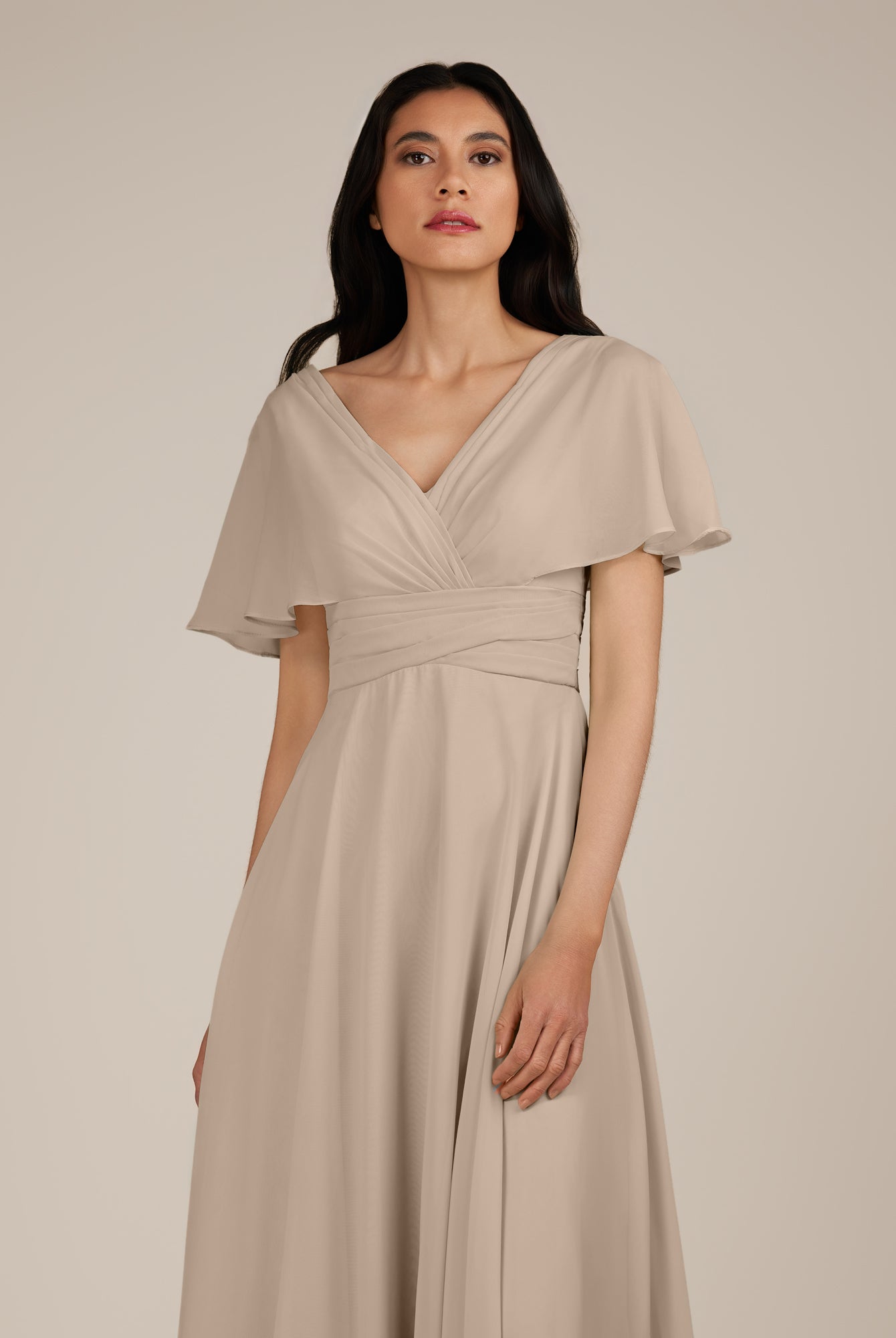 KissDress-Jasper Almond A Line Chiffon Cap Sleeves V Neck Long Bridesmaid Dress with Pleats