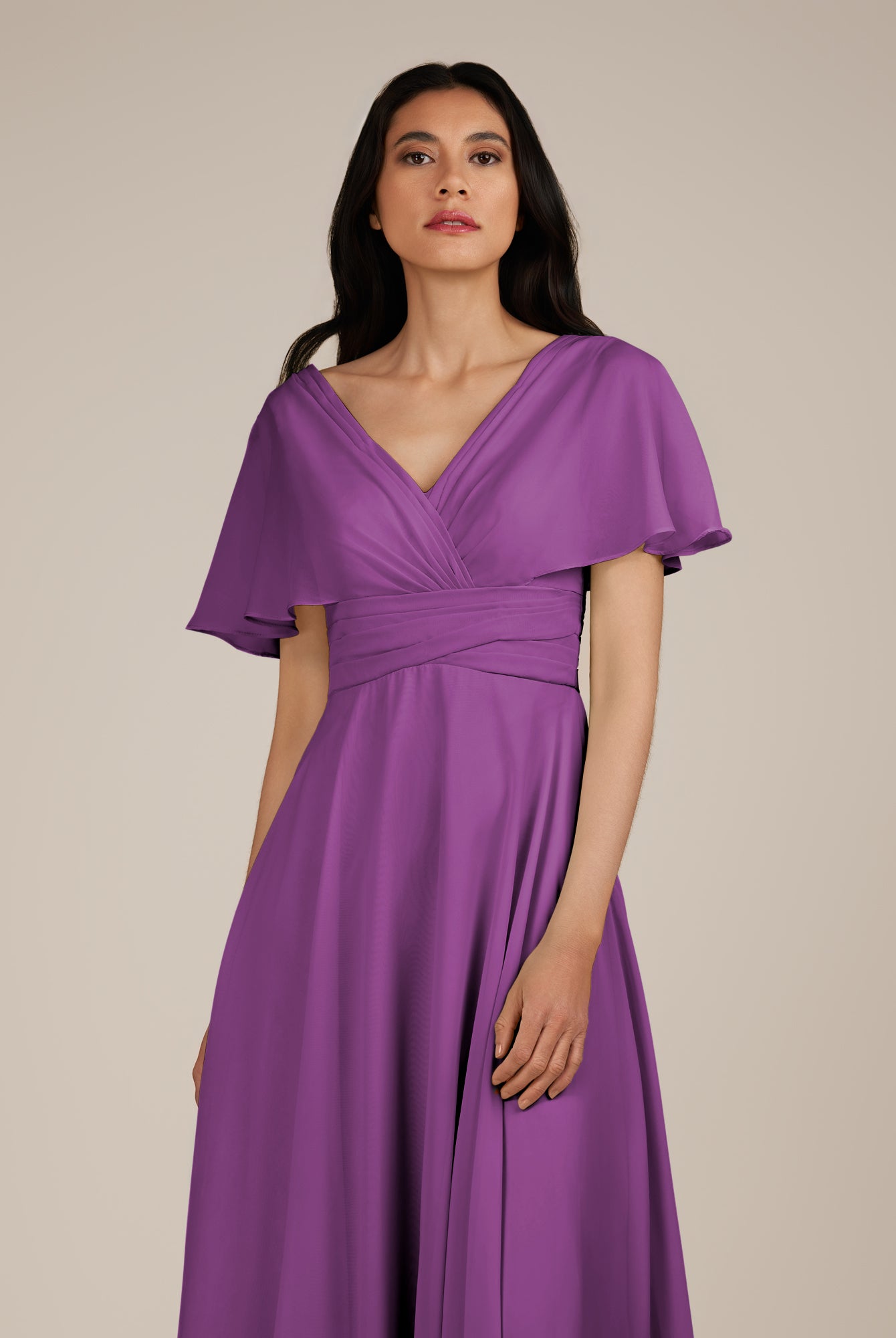 KissDress-Jasper Amethyst A Line Chiffon Cap Sleeves V Neck Long Bridesmaid Dress with Pleats