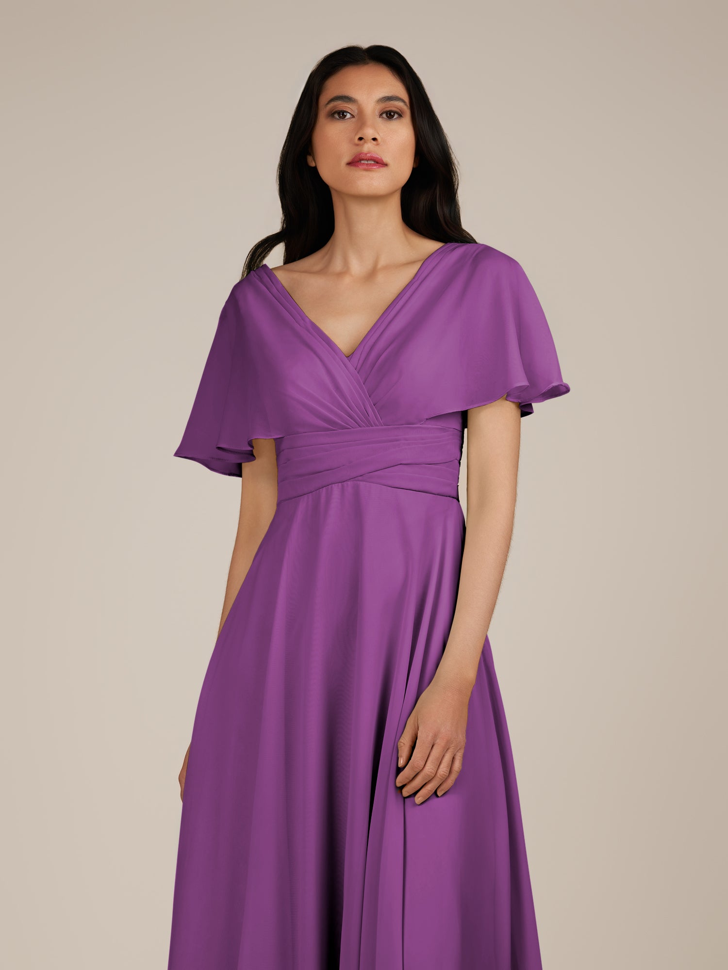 KissDress-Jasper Amethyst A Line Chiffon Cap Sleeves V Neck Long Bridesmaid Dress with Pleats