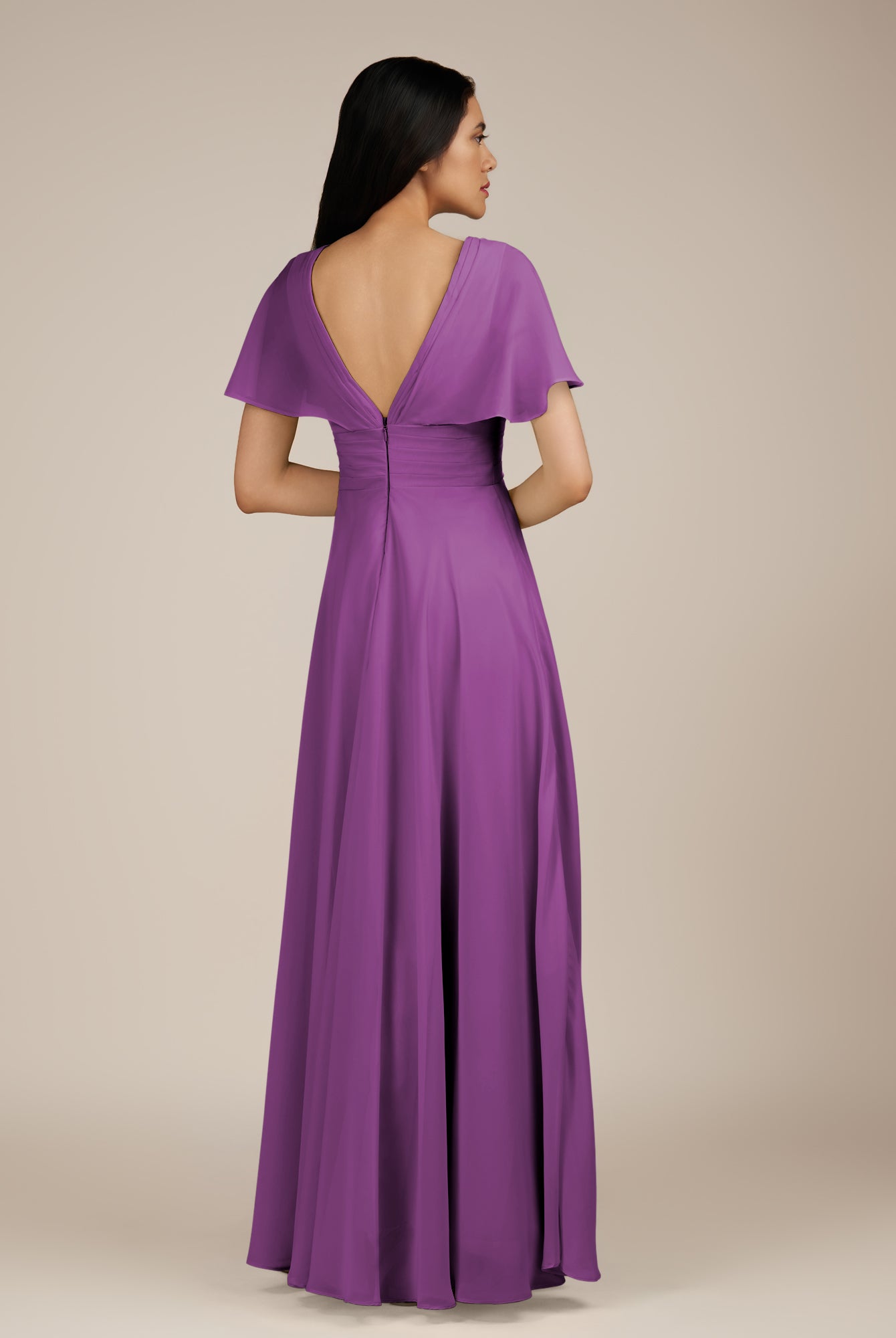 KissDress-Jasper Amethyst A Line Chiffon Cap Sleeves V Neck Long Bridesmaid Dress with Pleats