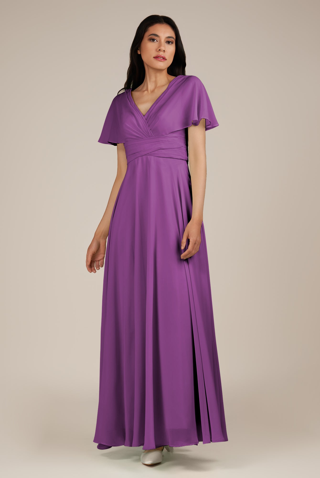 KissDress-Jasper Amethyst A Line Chiffon Cap Sleeves V Neck Long Bridesmaid Dress with Pleats
