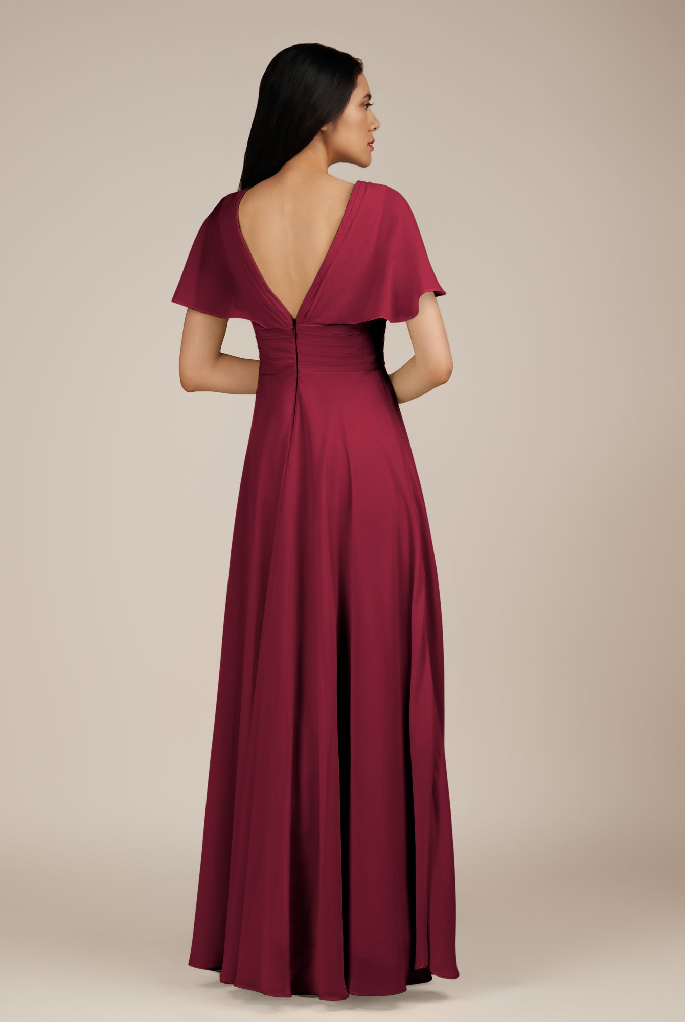 KissDress-Jasper Berry A Line Chiffon Cap Sleeves V Neck Long Bridesmaid Dress with Pleats