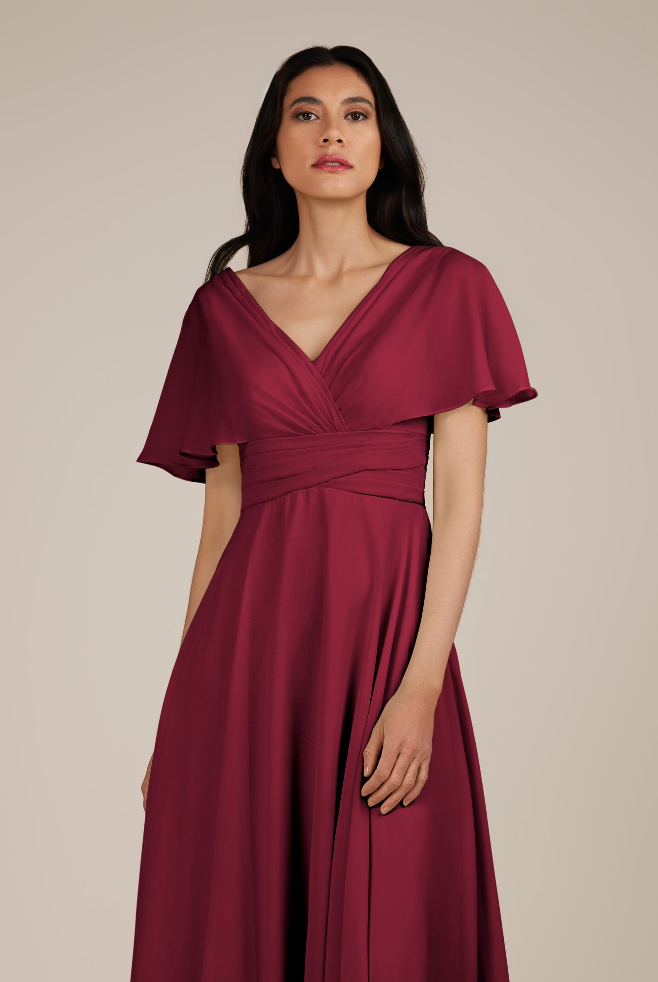 KissDress-Jasper Berry A Line Chiffon Cap Sleeves V Neck Long Bridesmaid Dress with Pleats