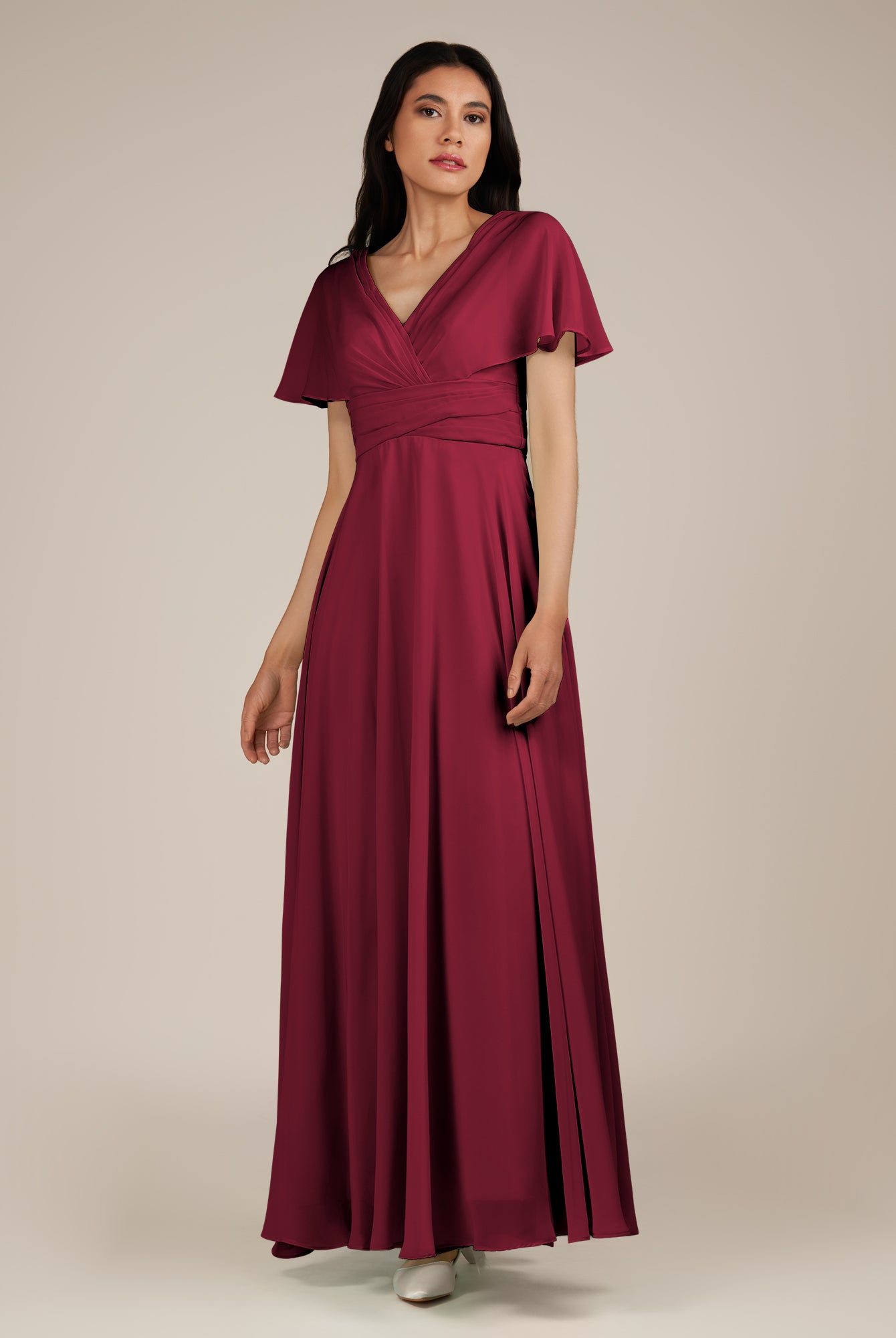 KissDress-Jasper Berry A Line Chiffon Cap Sleeves V Neck Long Bridesmaid Dress with Pleats