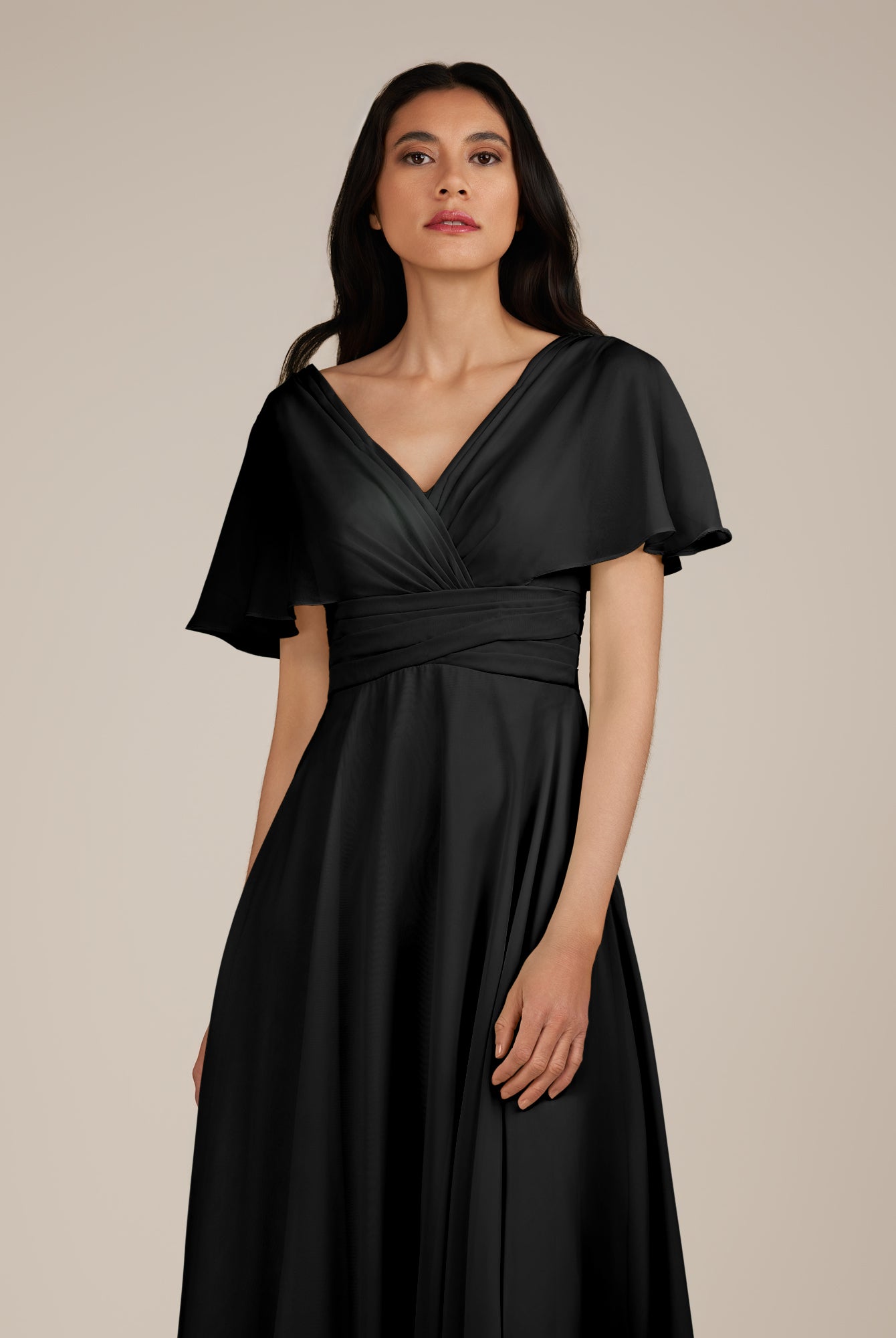 KissDress-Jasper Black A Line Chiffon Cap Sleeves V Neck Long Bridesmaid Dress with Pleats