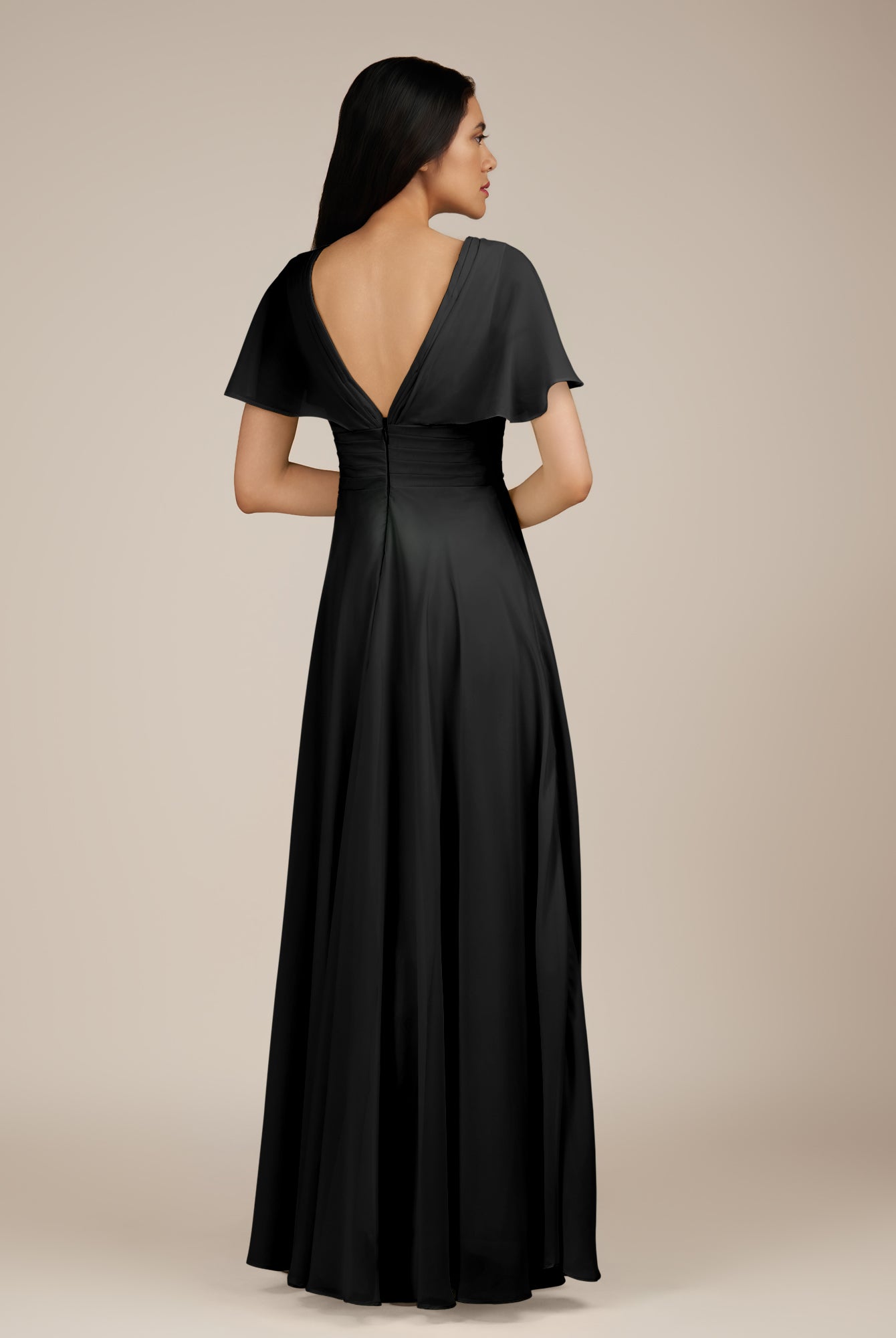 KissDress-Jasper Black A Line Chiffon Cap Sleeves V Neck Long Bridesmaid Dress with Pleats