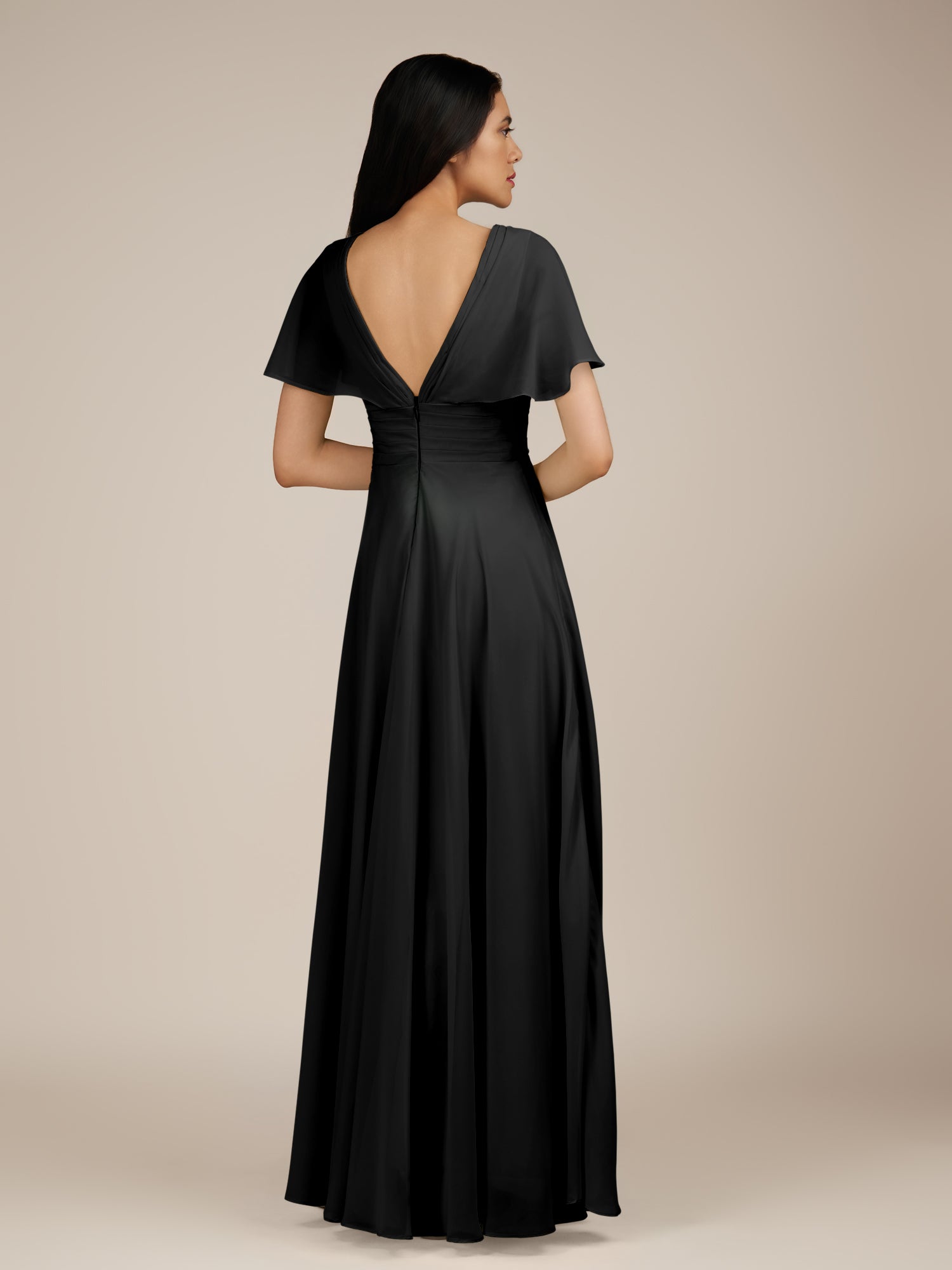 KissDress-Jasper Black A Line Chiffon Cap Sleeves V Neck Long Bridesmaid Dress with Pleats