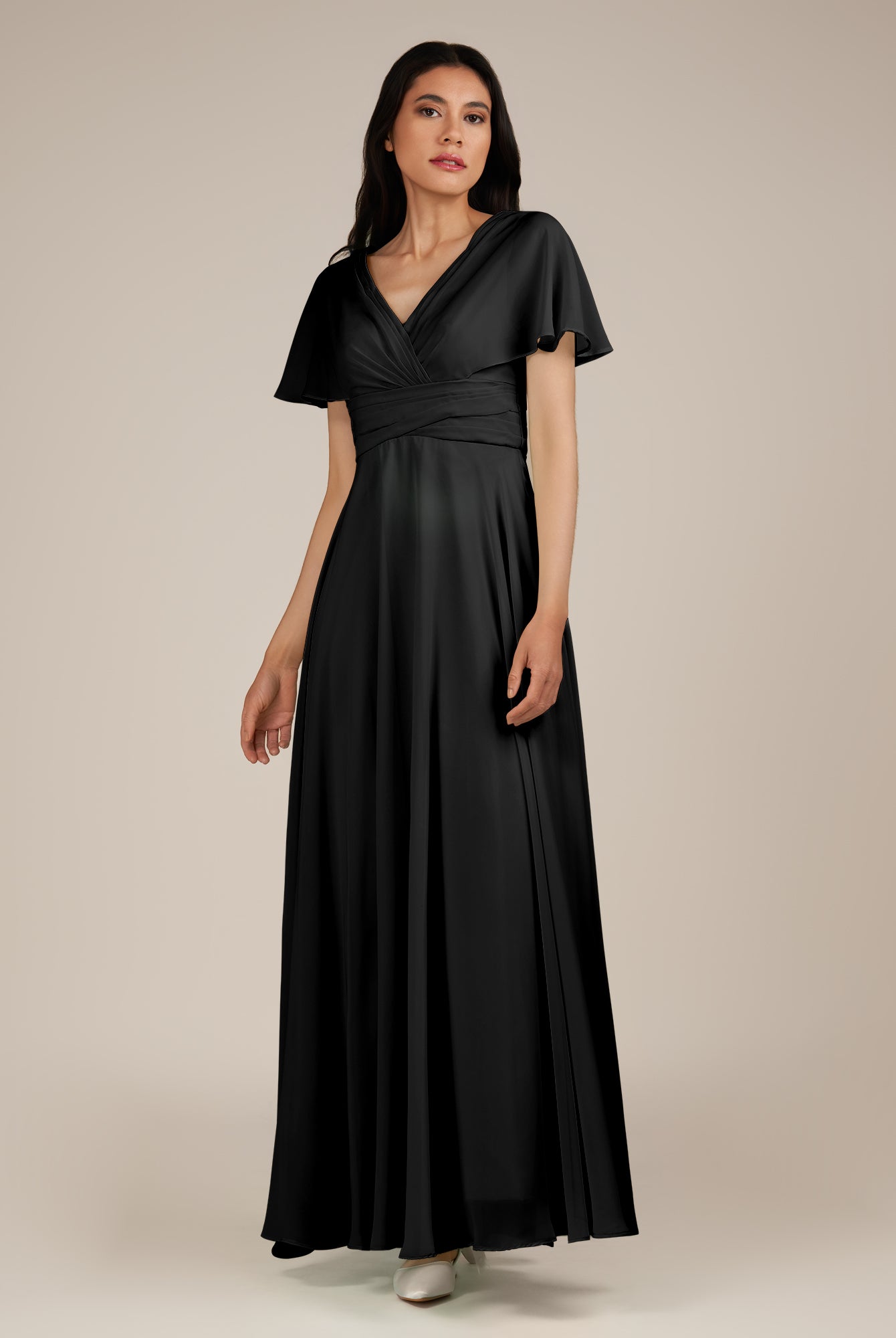 KissDress-Jasper Black A Line Chiffon Cap Sleeves V Neck Long Bridesmaid Dress with Pleats