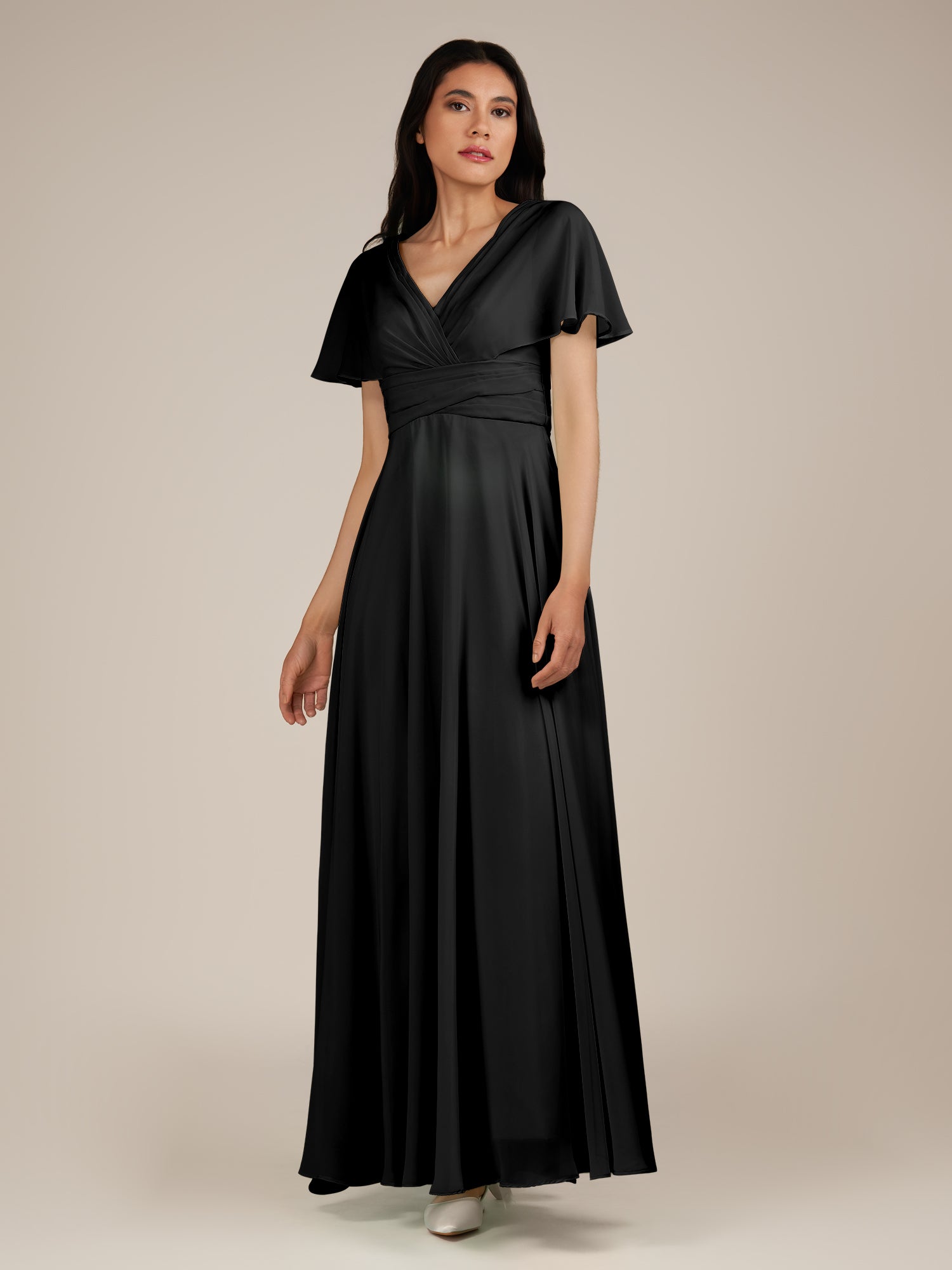 KissDress-Jasper Black A Line Chiffon Cap Sleeves V Neck Long Bridesmaid Dress with Pleats