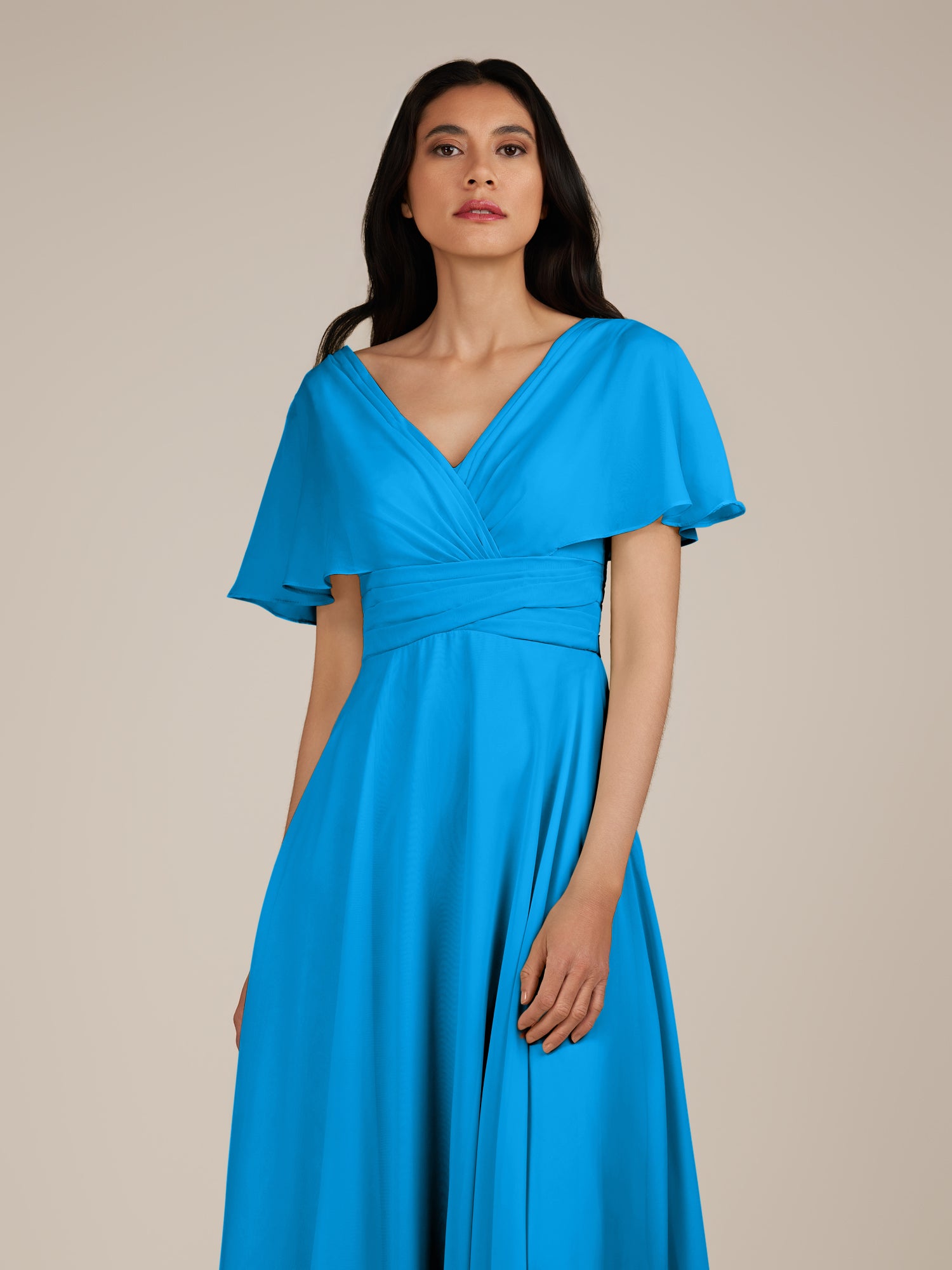 KissDress-Jasper Blue Jay A Line Chiffon Cap Sleeves V Neck Long Bridesmaid Dress with Pleats