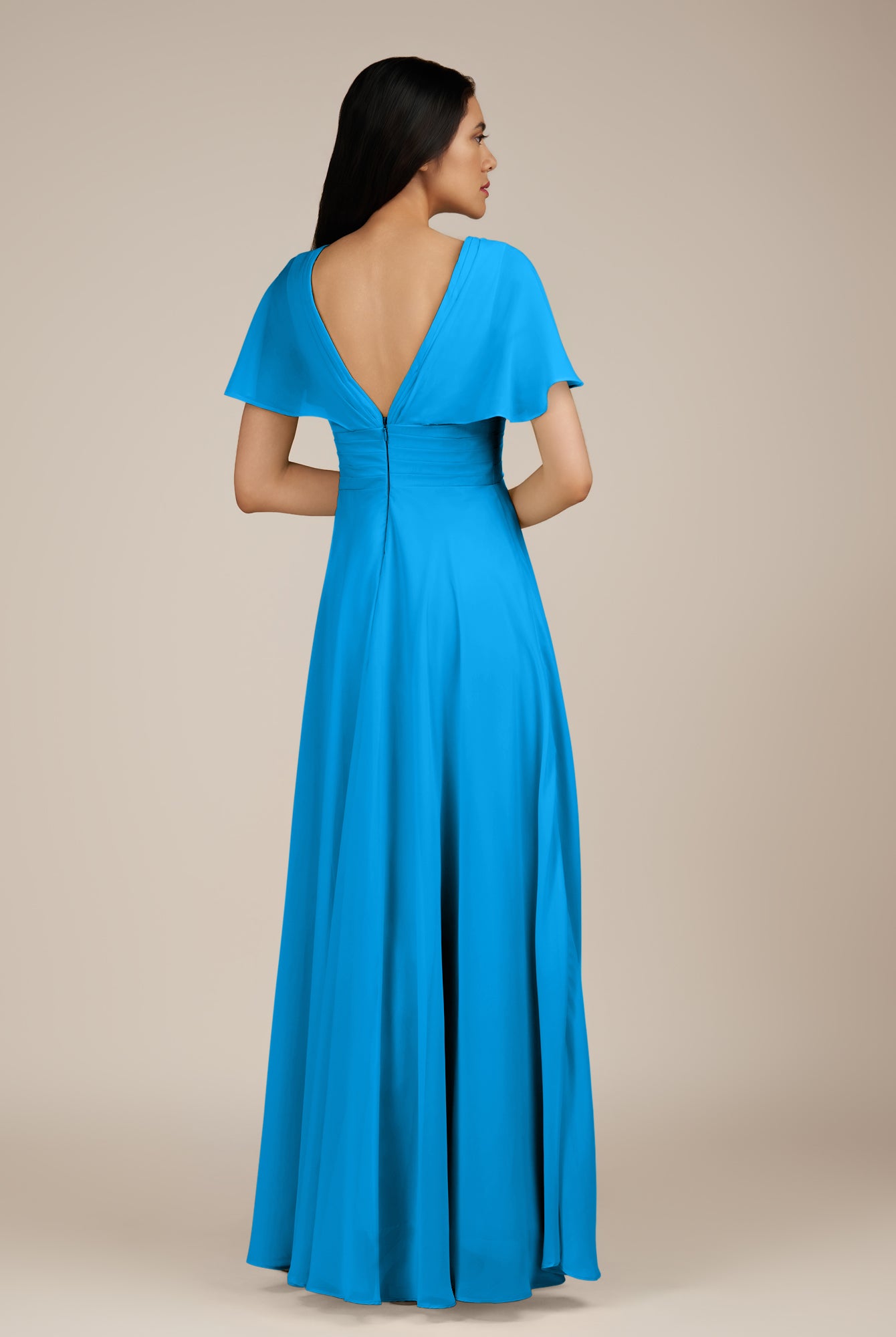 KissDress-Jasper Blue Jay A Line Chiffon Cap Sleeves V Neck Long Bridesmaid Dress with Pleats