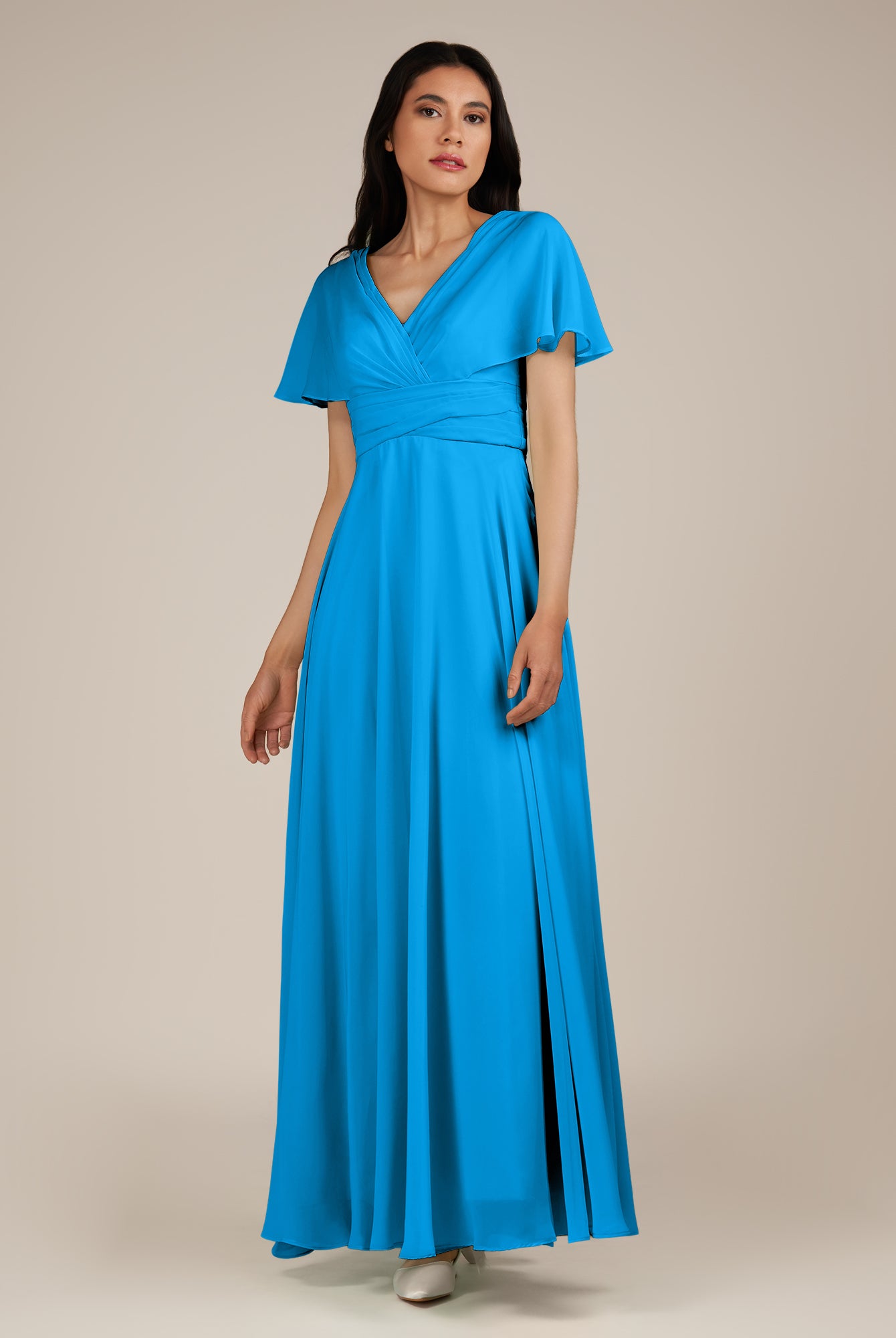 KissDress-Jasper Blue Jay A Line Chiffon Cap Sleeves V Neck Long Bridesmaid Dress with Pleats