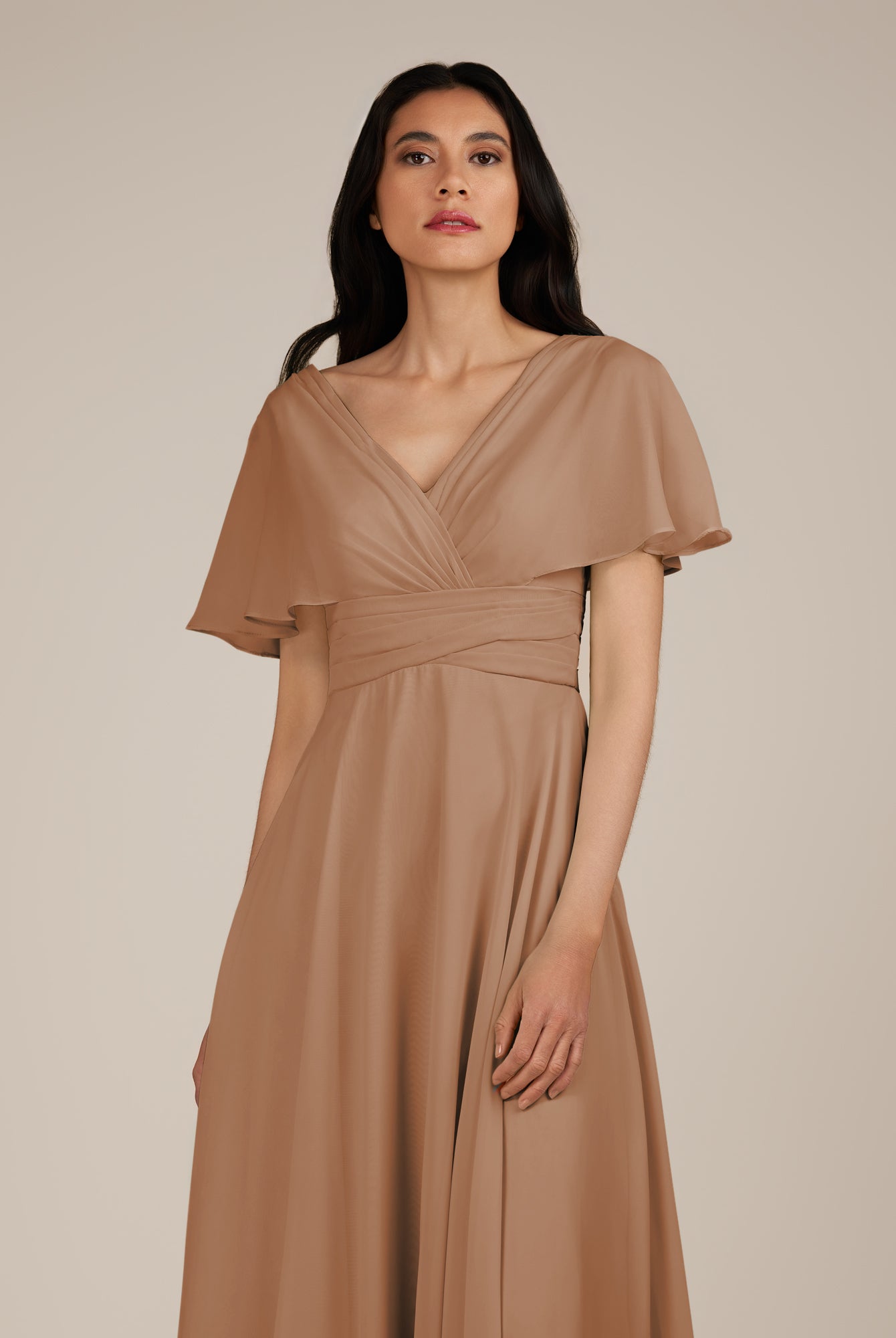 KissDress-Jasper Bronzer A Line Chiffon Cap Sleeves V Neck Long Bridesmaid Dress with Pleats