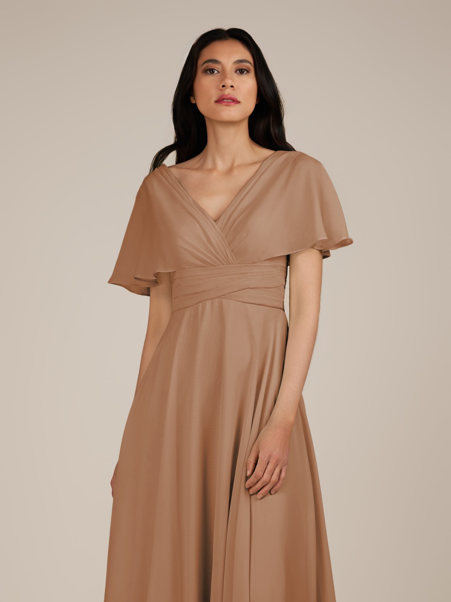 KissDress-Jasper Bronzer A Line Chiffon Cap Sleeves V Neck Long Bridesmaid Dress with Pleats