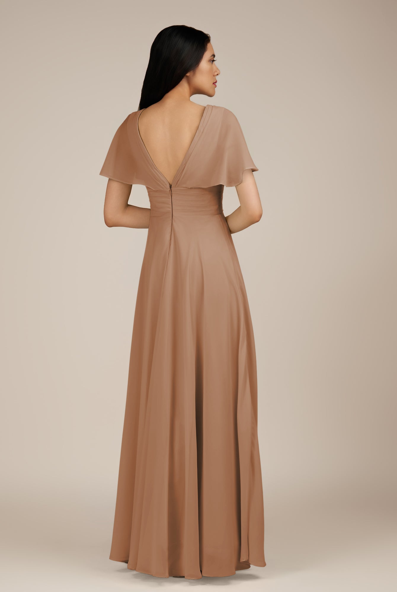 KissDress-Jasper Bronzer A Line Chiffon Cap Sleeves V Neck Long Bridesmaid Dress with Pleats