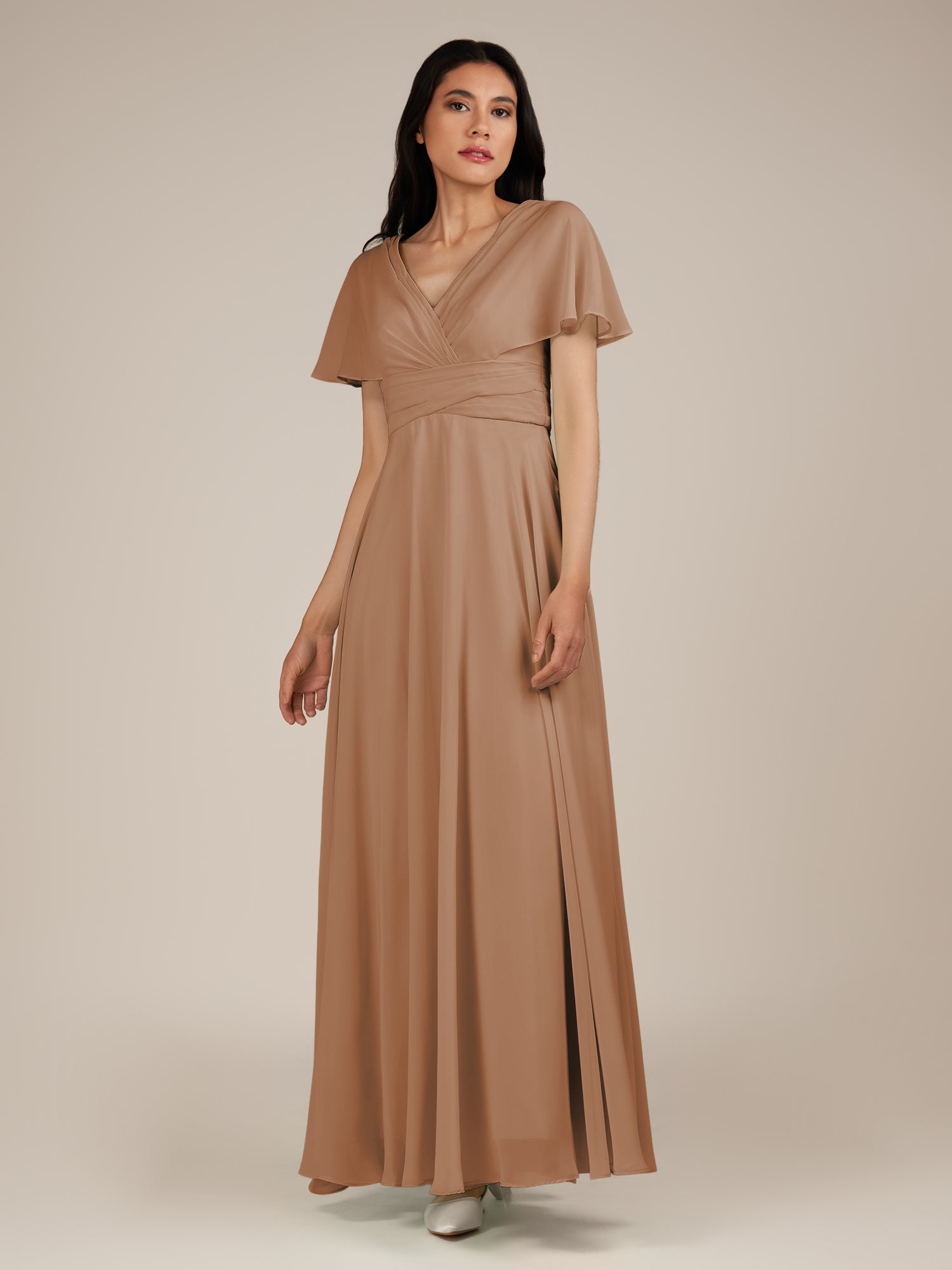 KissDress-Jasper Bronzer A Line Chiffon Cap Sleeves V Neck Long Bridesmaid Dress with Pleats