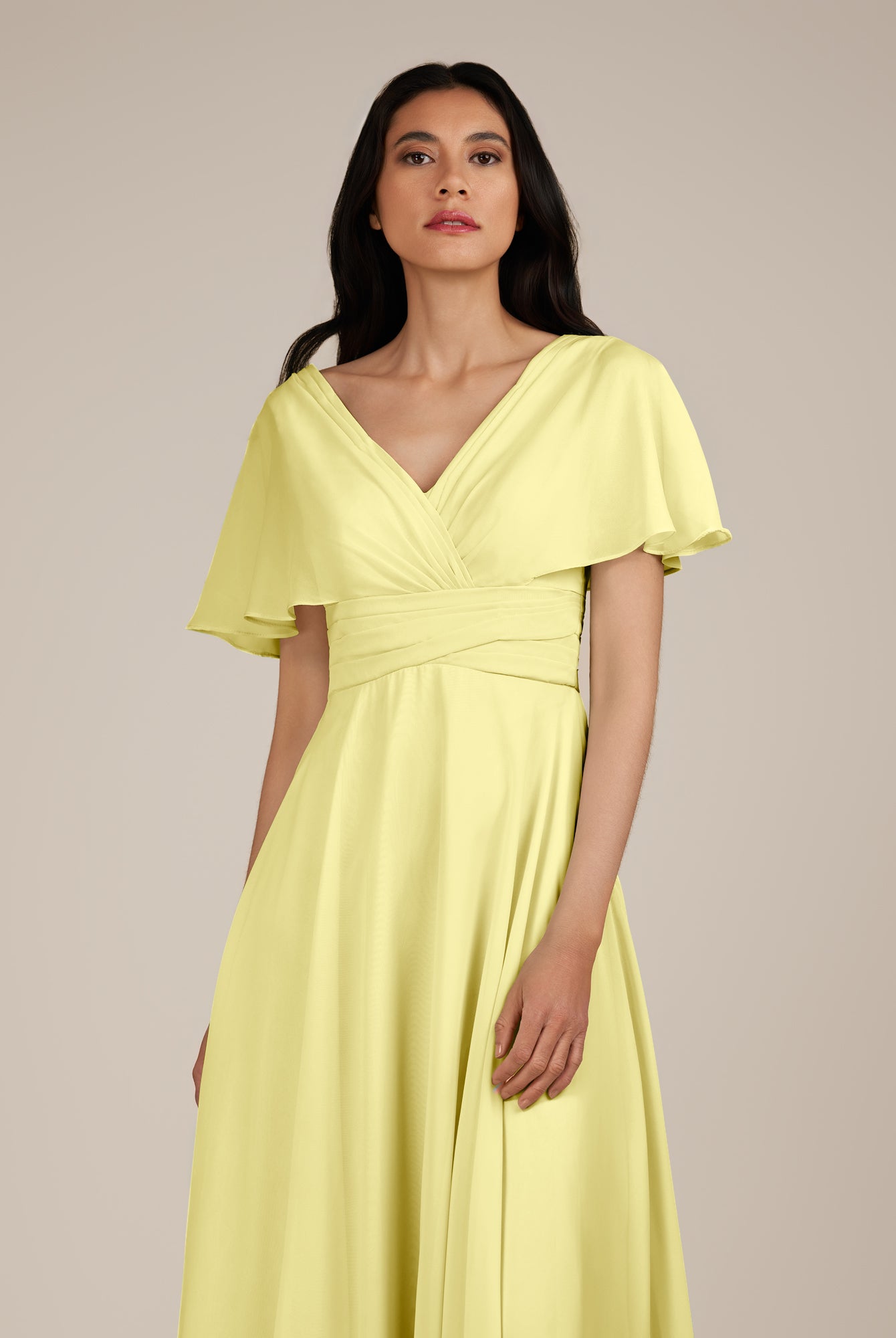 KissDress-Jasper Buttercup A Line Chiffon Cap Sleeves V Neck Long Bridesmaid Dress with Pleats