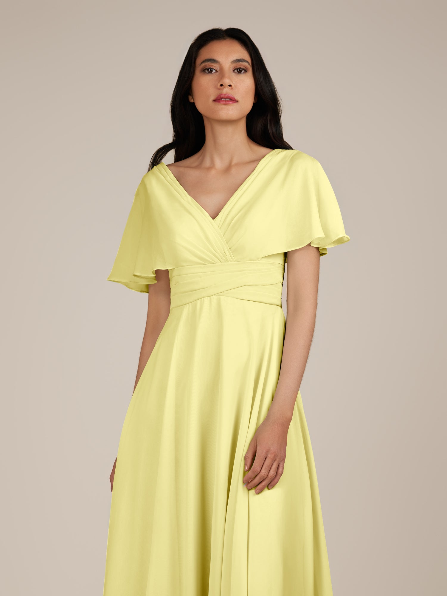 KissDress-Jasper Buttercup A Line Chiffon Cap Sleeves V Neck Long Bridesmaid Dress with Pleats