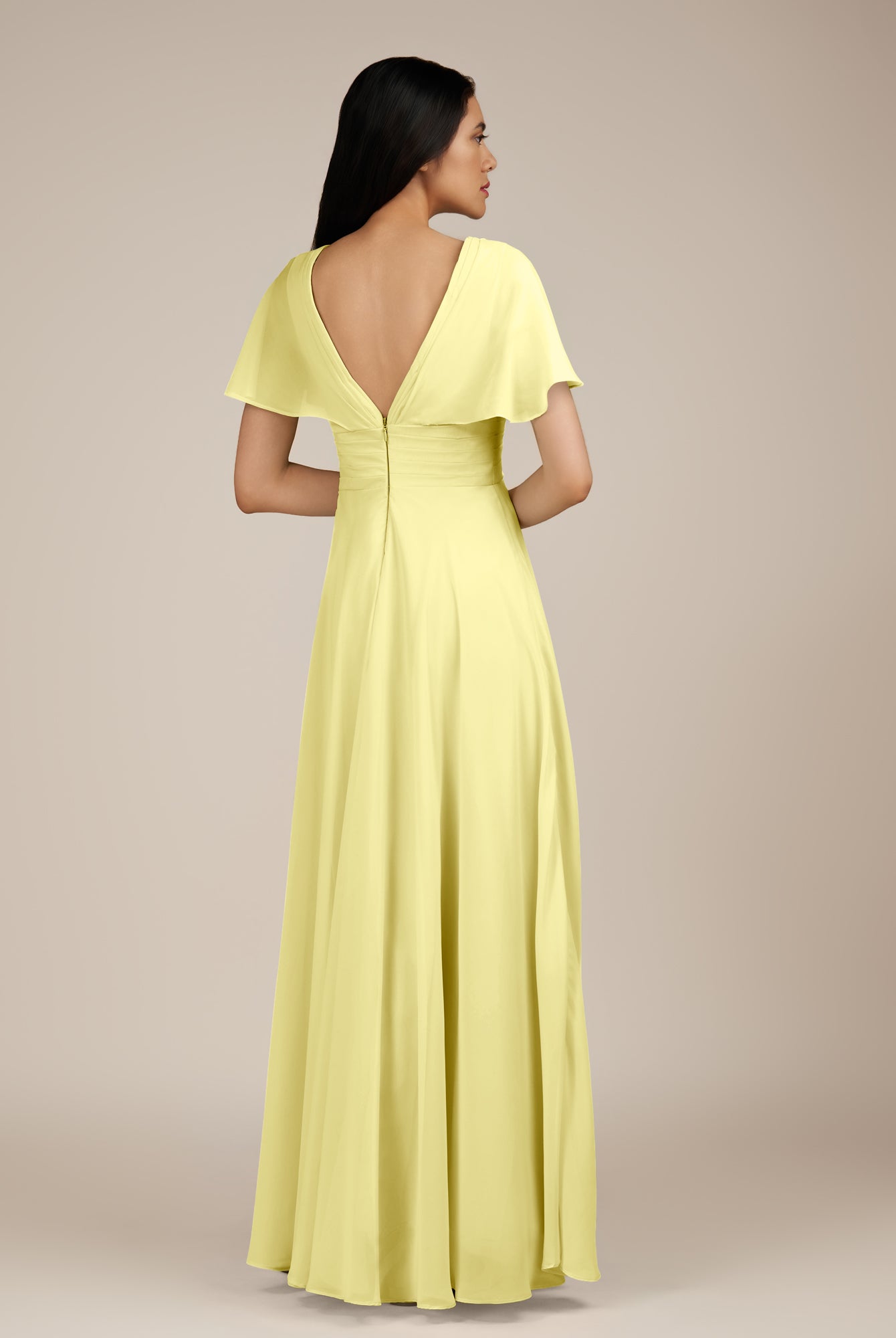 KissDress-Jasper Buttercup A Line Chiffon Cap Sleeves V Neck Long Bridesmaid Dress with Pleats