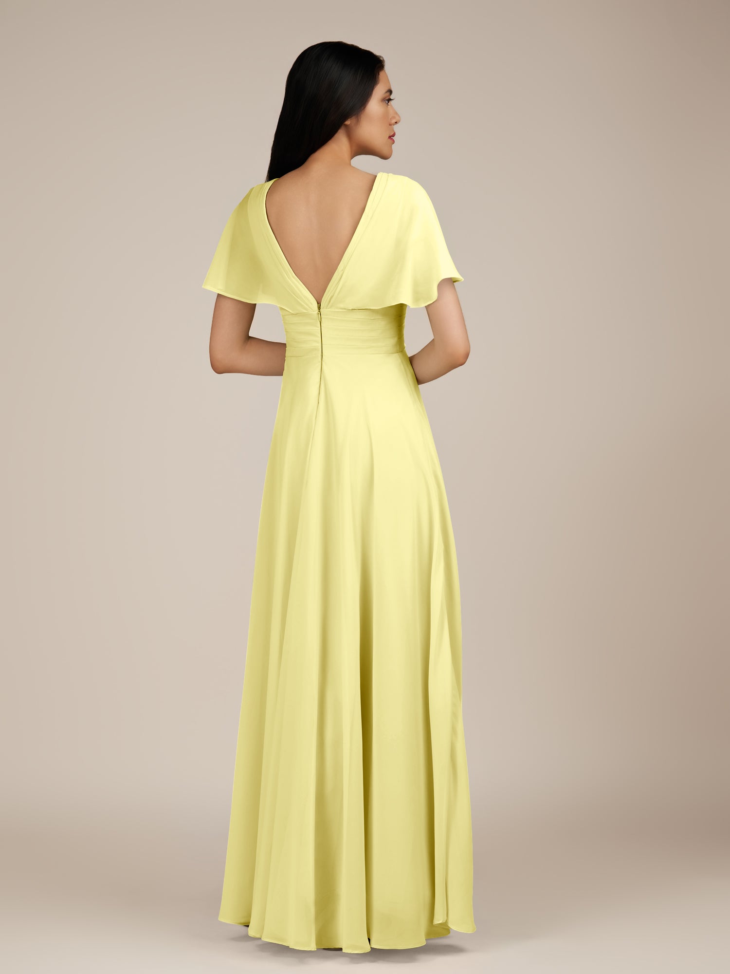 KissDress-Jasper Buttercup A Line Chiffon Cap Sleeves V Neck Long Bridesmaid Dress with Pleats