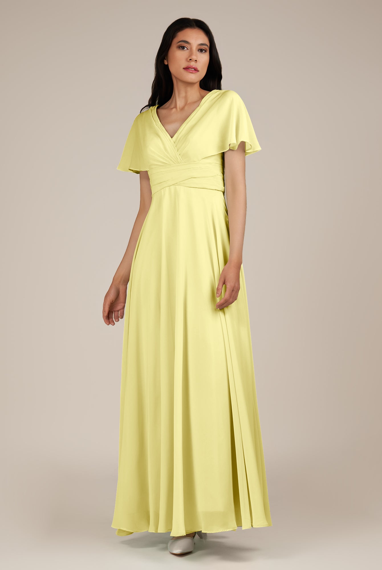 KissDress-Jasper Buttercup A Line Chiffon Cap Sleeves V Neck Long Bridesmaid Dress with Pleats